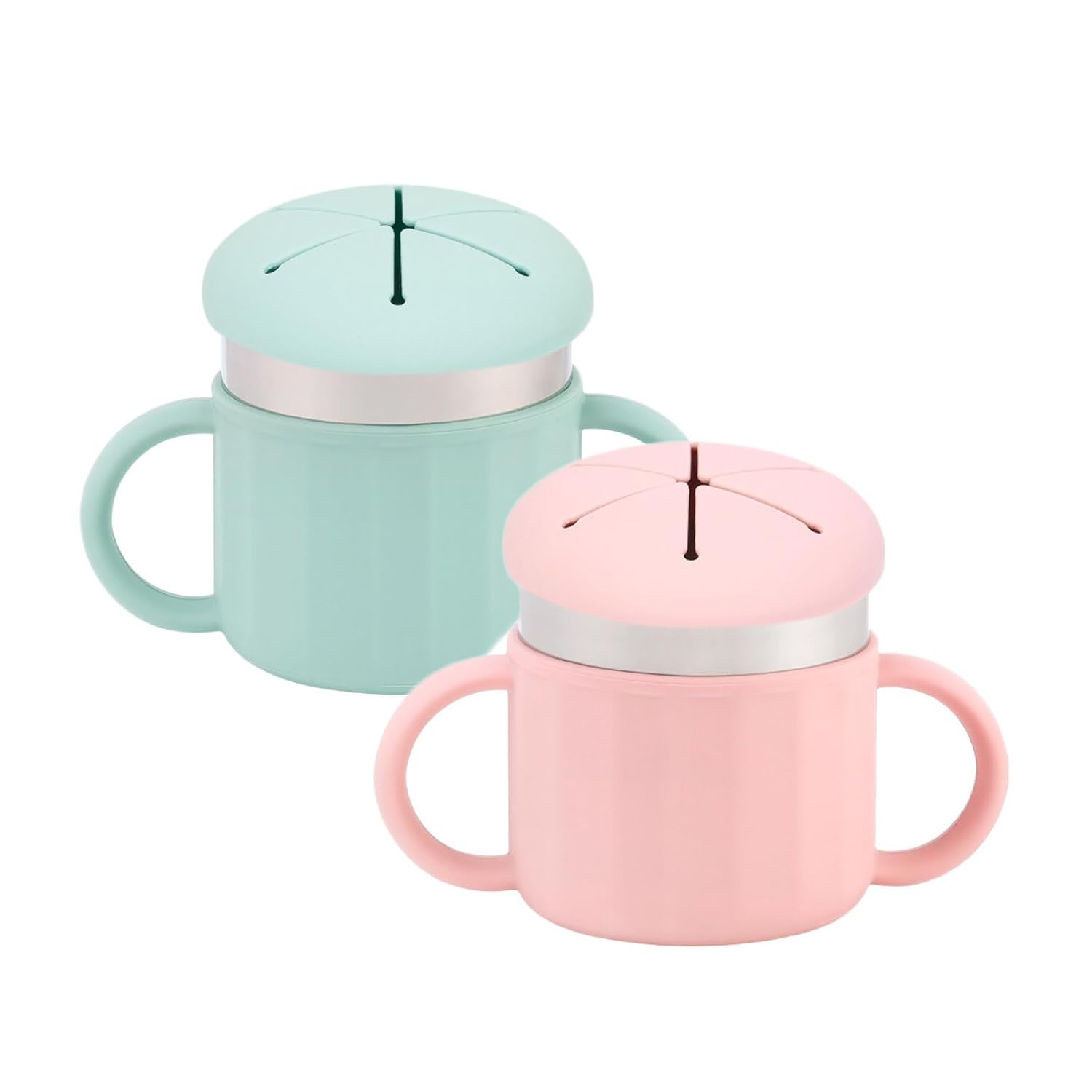 2 Pack Stainless Steel Snack Containers for Toddlers, Removable Silicone Food Catcher with Travel Handle Food Container for Kids On-the-Go, Snack Cups for Toddlers Dishwasher Safe, Green & Pink