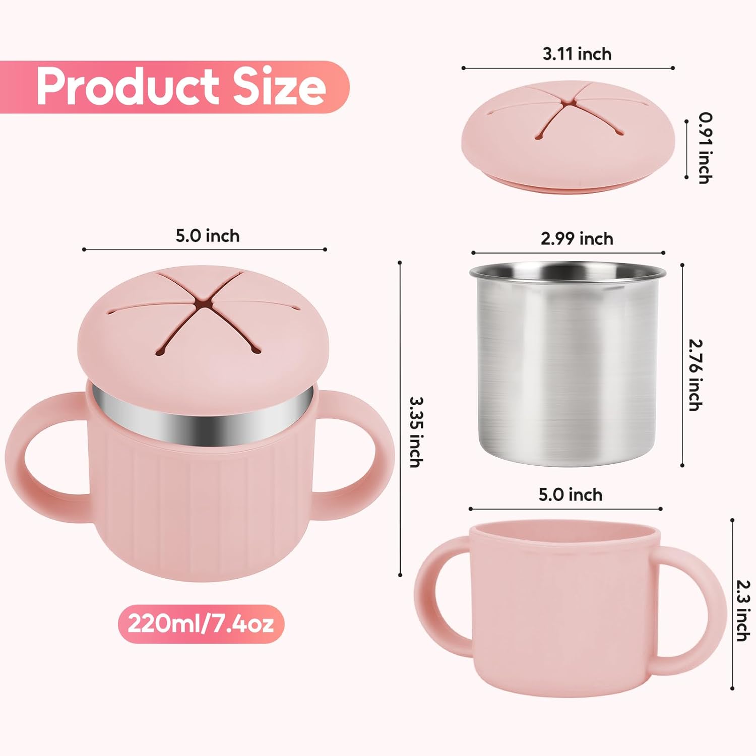 2 Pack Stainless Steel Snack Containers for Toddlers, Removable Silicone Food Catcher with Travel Handle Food Container for Kids On-the-Go, Snack Cups for Toddlers Dishwasher Safe, Green & Pink