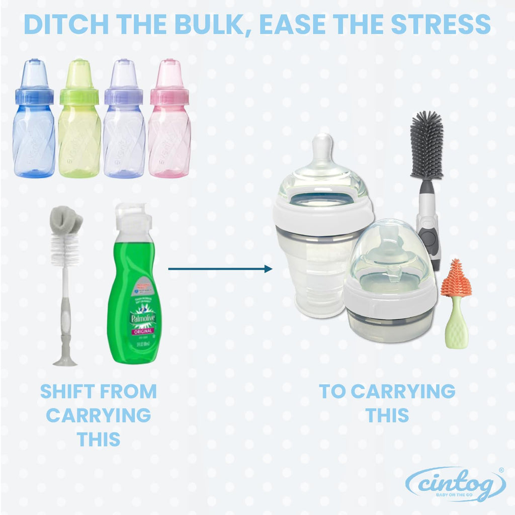 2 Pack Collapsible Baby Bottle Set with Soap Dispensing Brush Kit, 6oz, Push Press Design for Efficient Easy Cleaning for Bottle, Breast Pump, Nipple