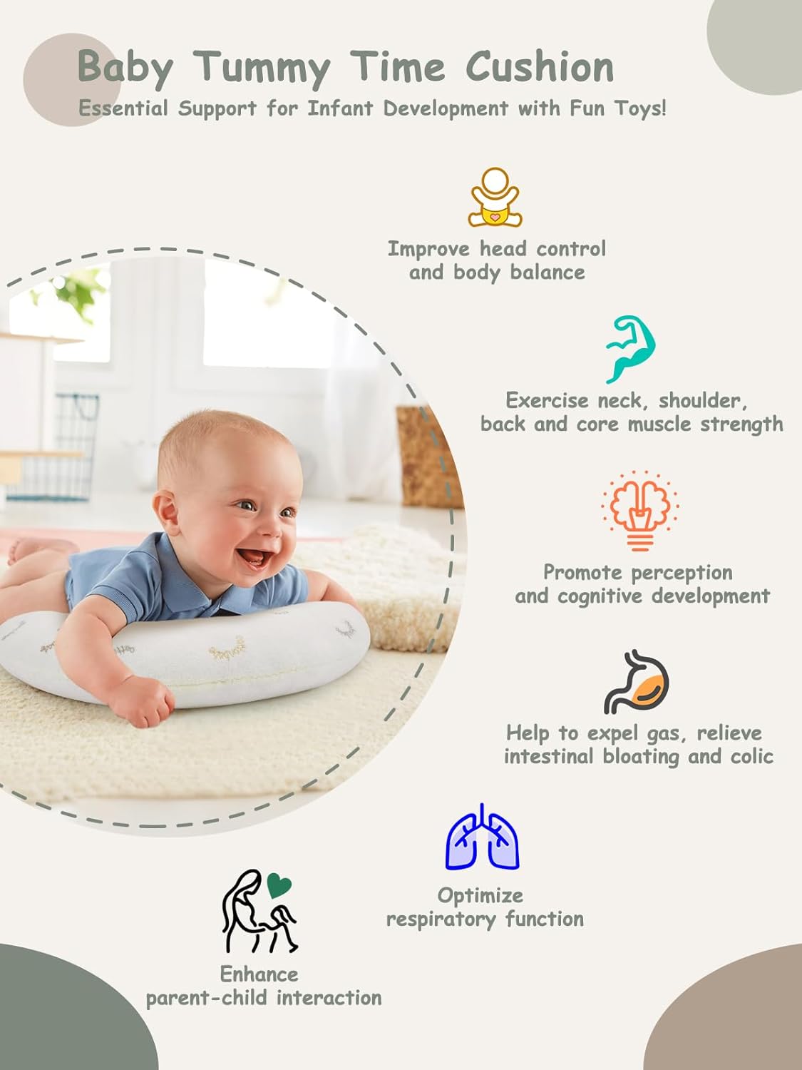 2-in-1 Tummy Time Cushion for Newborns,Soft Cotton Tummy Time Pillow Promotes Development, Ergonomic Design,Ideal Baby Gift
