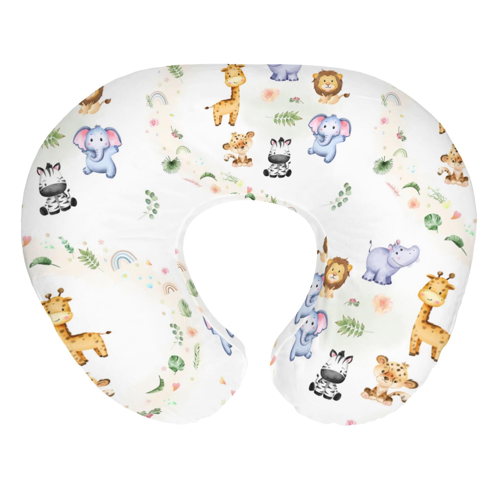 African Safari Animals Baby Nursing Pillow Covers for Boy Girl Elephant Lion Giraffe Hippo Tropical Flower Leaves Nursing Pillowcase for Breastfeeding Pillows Zoo Jungle Soft Stretchy Slipcovers