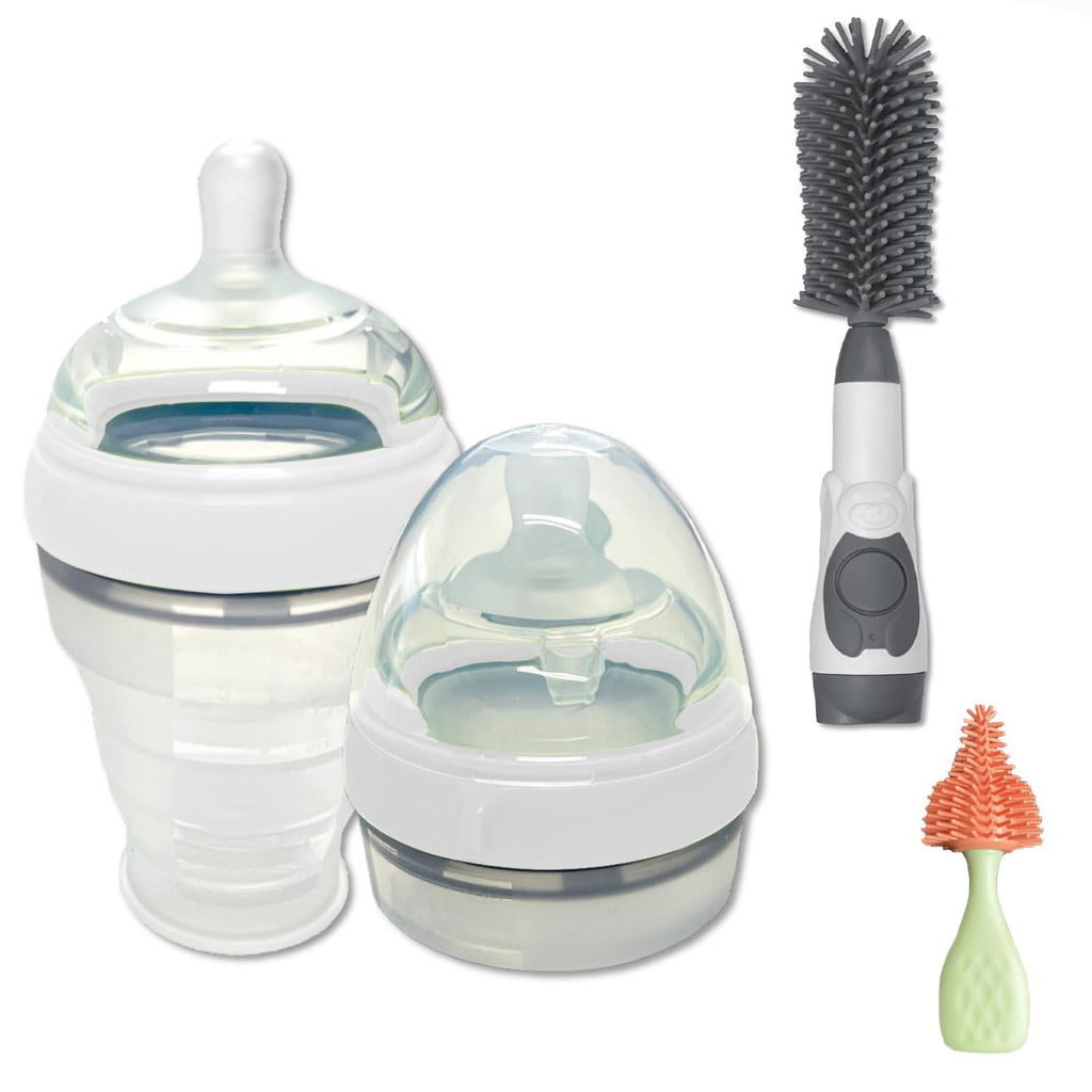 2 Pack Collapsible Baby Bottle Set with Soap Dispensing Brush Kit, 6oz, Push Press Design for Efficient Easy Cleaning for Bottle, Breast Pump, Nipple