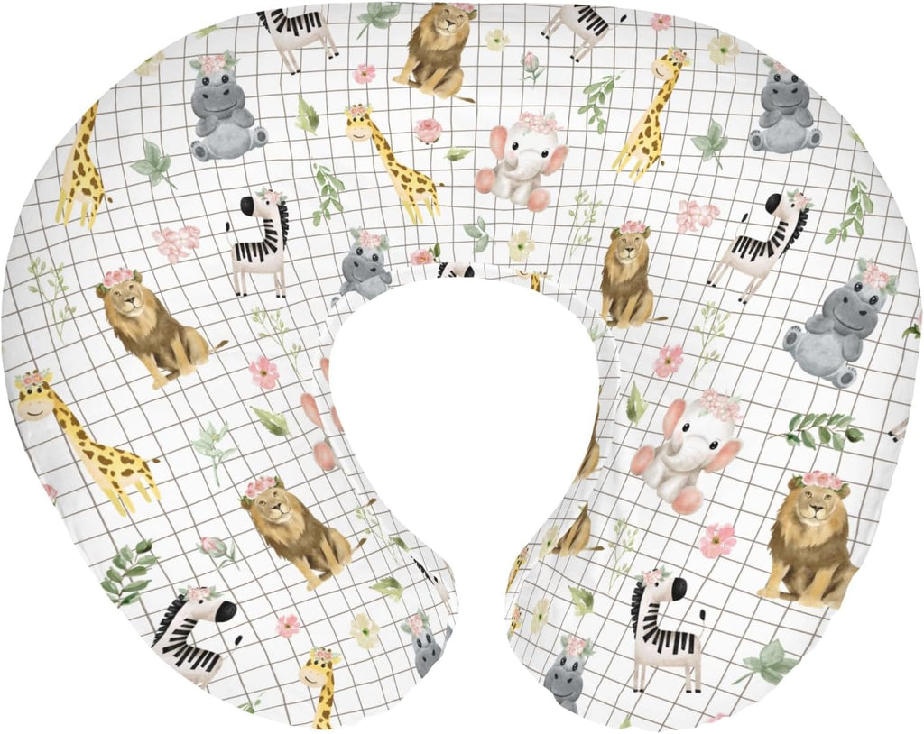 African Safari Animals Baby Nursing Pillow Covers for Boy Girl Elephant Lion Giraffe Hippo Tropical Flower Leaves Nursing Pillowcase for Breastfeeding Pillows Zoo Jungle Soft Stretchy Slipcovers