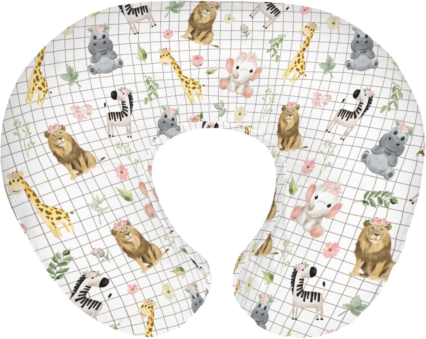African Safari Animals Baby Nursing Pillow Covers for Boy Girl Elephant Lion Giraffe Hippo Tropical Flower Leaves Nursing Pillowcase for Breastfeeding Pillows Zoo Jungle Soft Stretchy Slipcovers