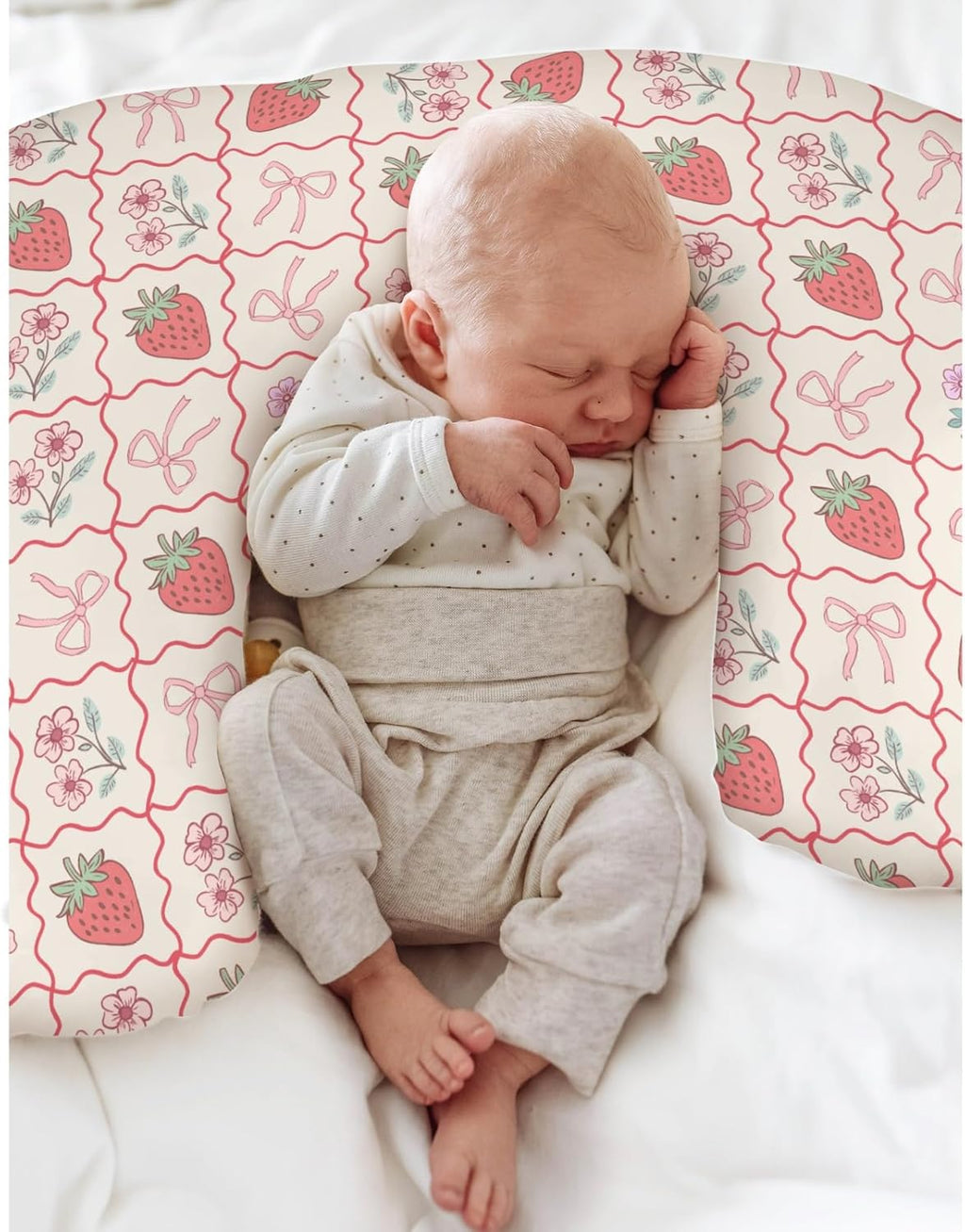 Boho Strawberry Flowers Baby Nursing Pillow Covers for Girl Strawberries Pink Bows Checkerboard Nursing Slipcovers for Breastfeeding Pillows Summer Fruit Soft Stretchy Cover for Newborn Infant