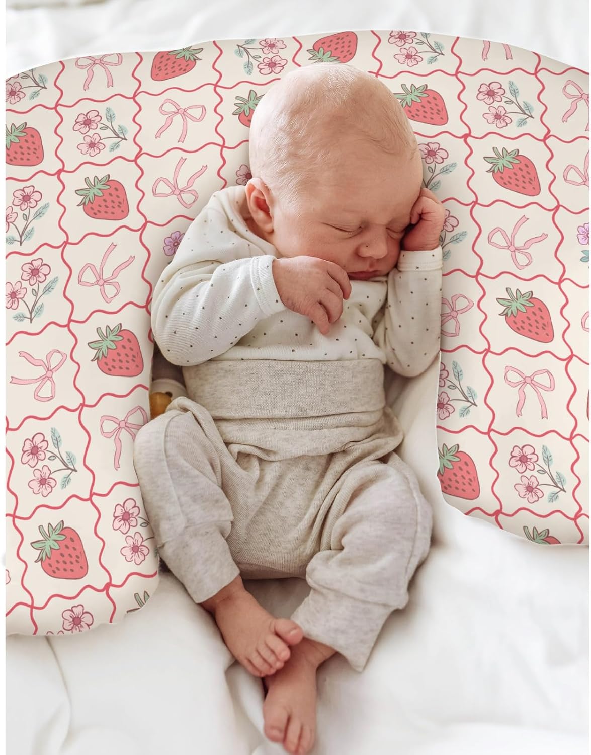 Boho Strawberry Flowers Baby Nursing Pillow Covers for Girl Strawberries Pink Bows Checkerboard Nursing Slipcovers for Breastfeeding Pillows Summer Fruit Soft Stretchy Cover for Newborn Infant