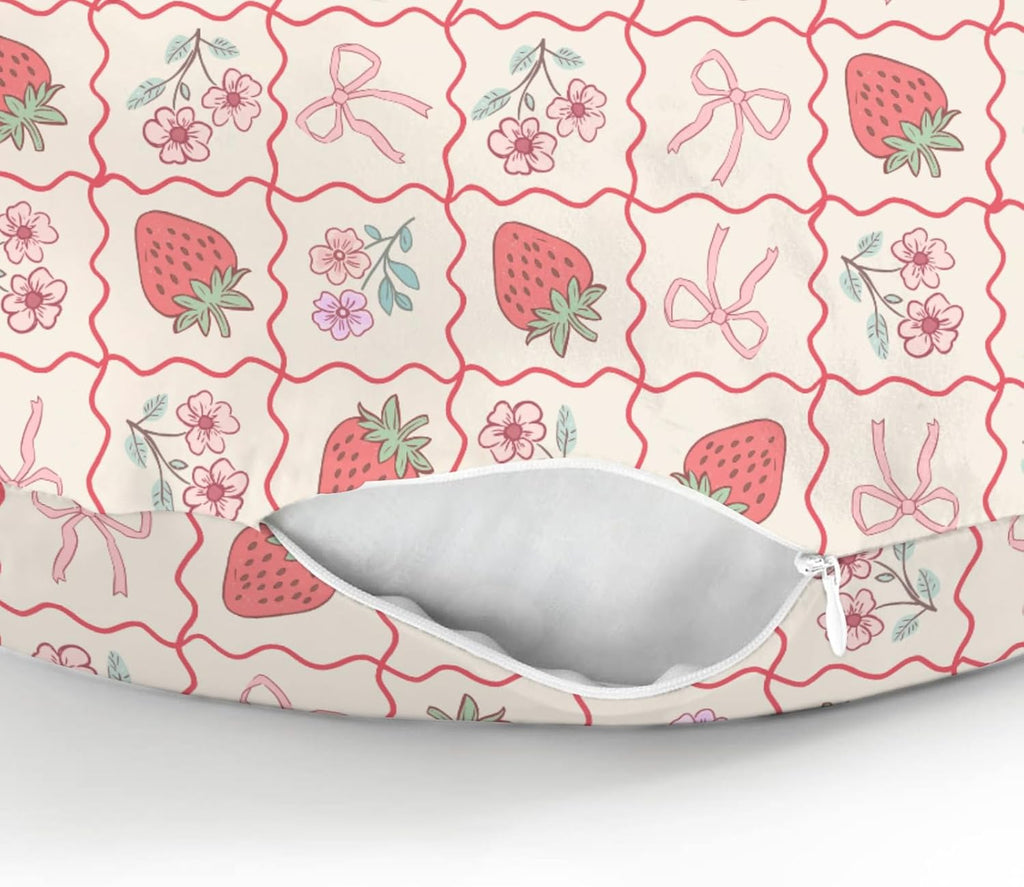 Boho Strawberry Flowers Baby Nursing Pillow Covers for Girl Strawberries Pink Bows Checkerboard Nursing Slipcovers for Breastfeeding Pillows Summer Fruit Soft Stretchy Cover for Newborn Infant