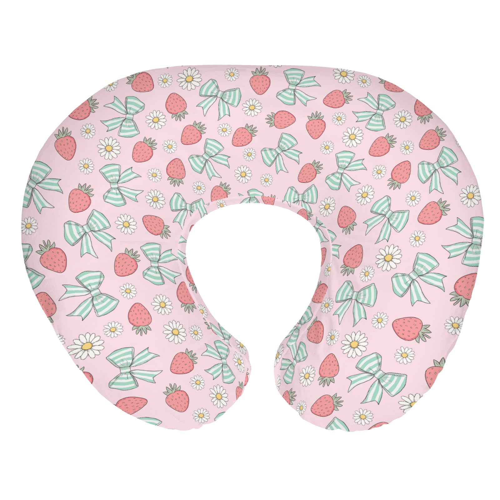 Boho Strawberry Flowers Baby Nursing Pillow Covers for Girl Strawberries Pink Bows Checkerboard Nursing Slipcovers for Breastfeeding Pillows Summer Fruit Soft Stretchy Cover for Newborn Infant
