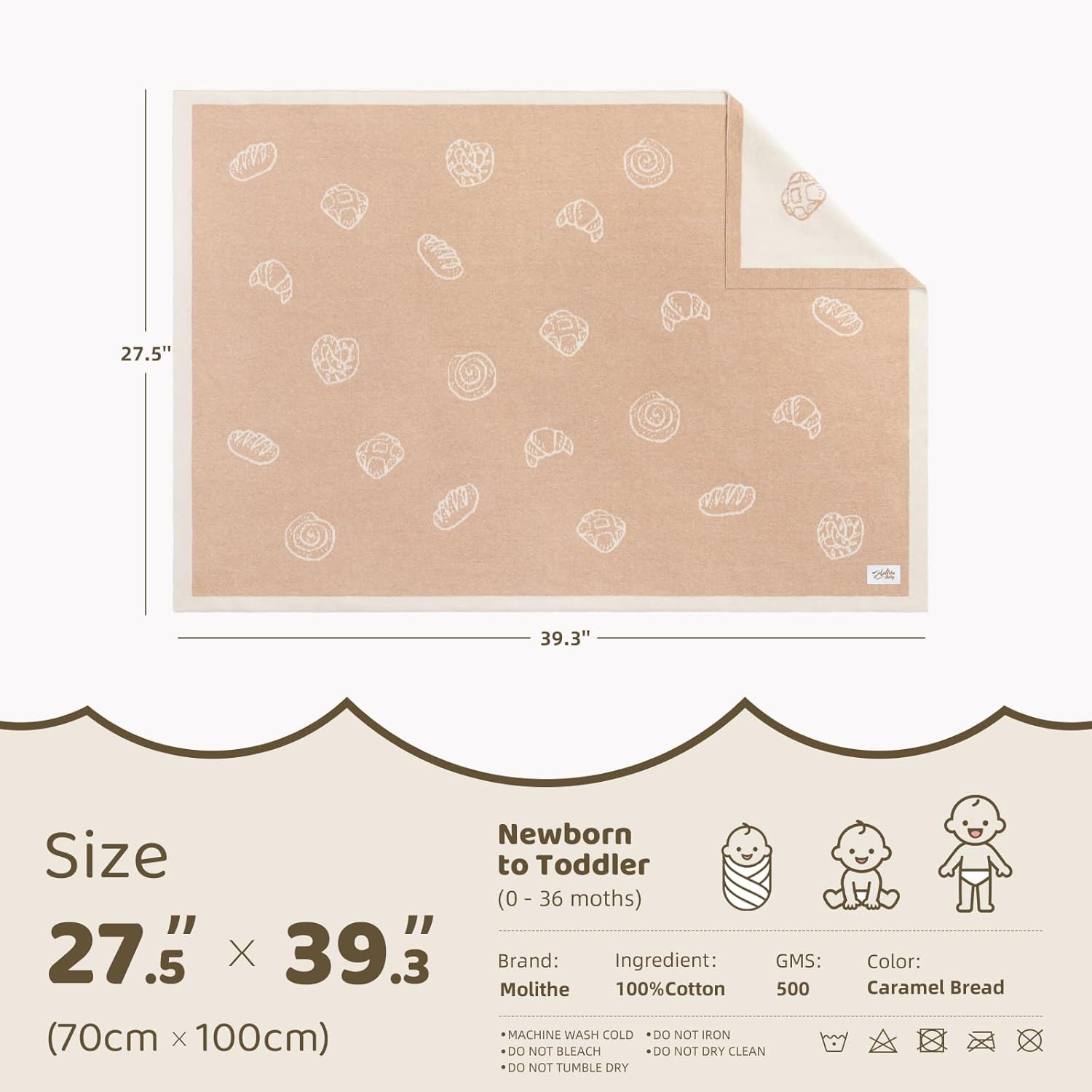 100% Cotton Baby Blanket Ultra Cozy Soft Newborn Swaddle for Boys and Girls, Gentle on Skin, Machine Washable Perfect Registry Essential Caramel Bread
