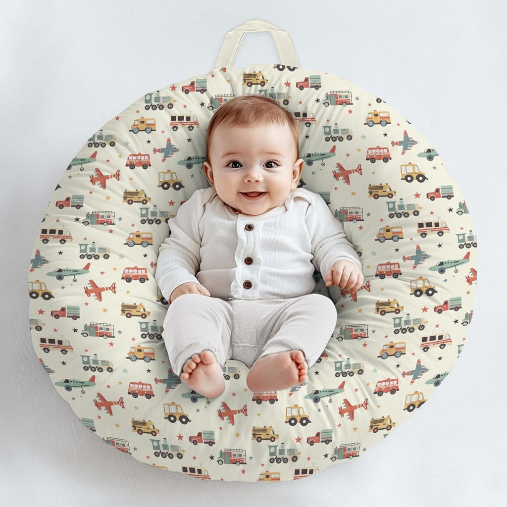 Cartoon Transportation Pattern Baby Lounger Cover, Unisex Plane Car Train Stars Removable Infant Newborn Snug Fit Floorseat Sleeping Lounger Slipcover for Boys Girls Lounger Pillow,Cover Only