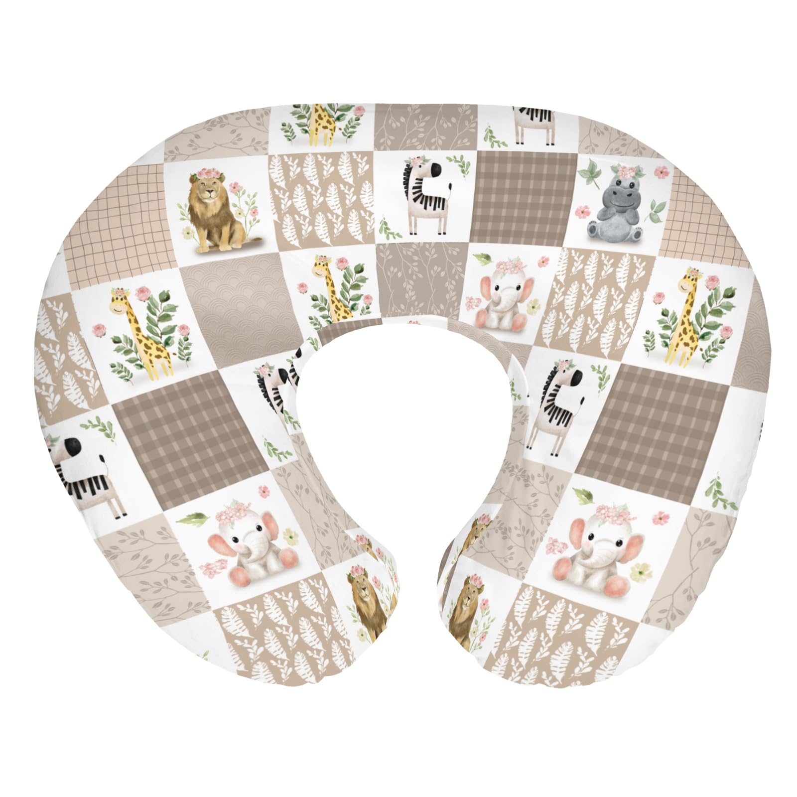 African Safari Animals Baby Nursing Pillow Covers for Boy Girl Elephant Lion Giraffe Hippo Tropical Flower Leaves Nursing Pillowcase for Breastfeeding Pillows Zoo Jungle Soft Stretchy Slipcovers