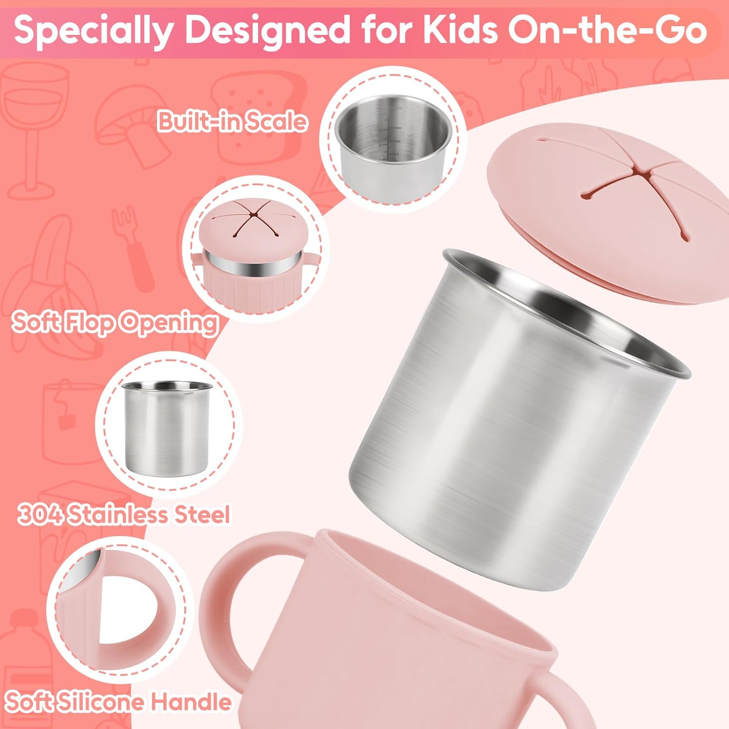 2 Pack Stainless Steel Snack Containers for Toddlers, Removable Silicone Food Catcher with Travel Handle Food Container for Kids On-the-Go, Snack Cups for Toddlers Dishwasher Safe, Green & Pink