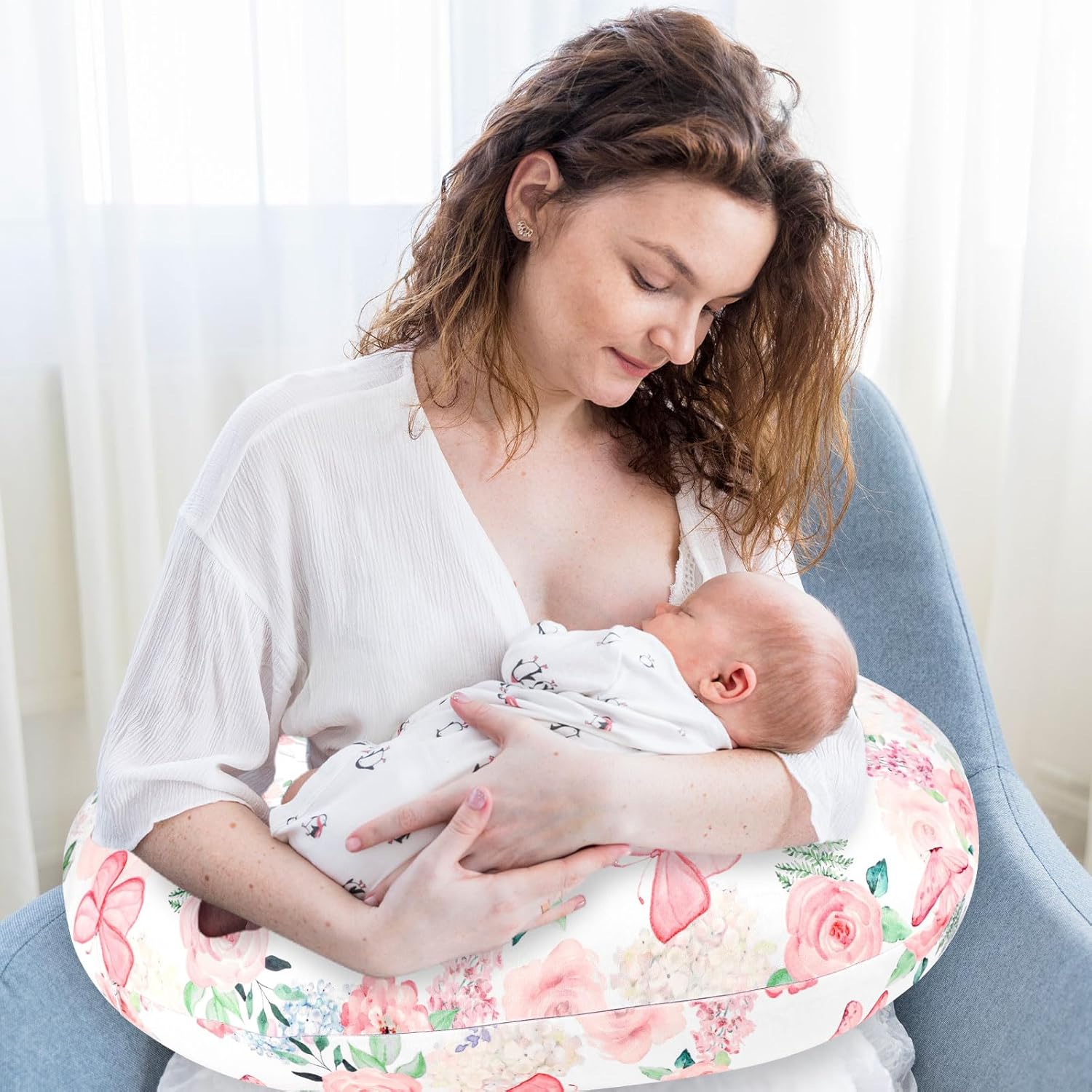 2 Pack Nursing Pillow Covers, Stretchy Removable Breastfeeding Pillow Covers for Baby Girl Newborn, Super Soft Fabric, Only Covers (Pink & Floral)
