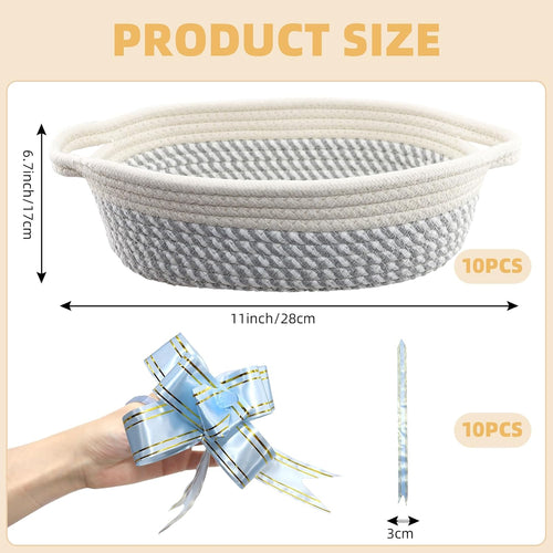 10 Pack Small Woven Basket with Gift Bags and Ribbons, Rectangle Storage Basket Set, Natural Cotton Rope Woven Baskets, Gift Basket for Baby Nursery, Toy Baskets, Bathroom Organization Bin