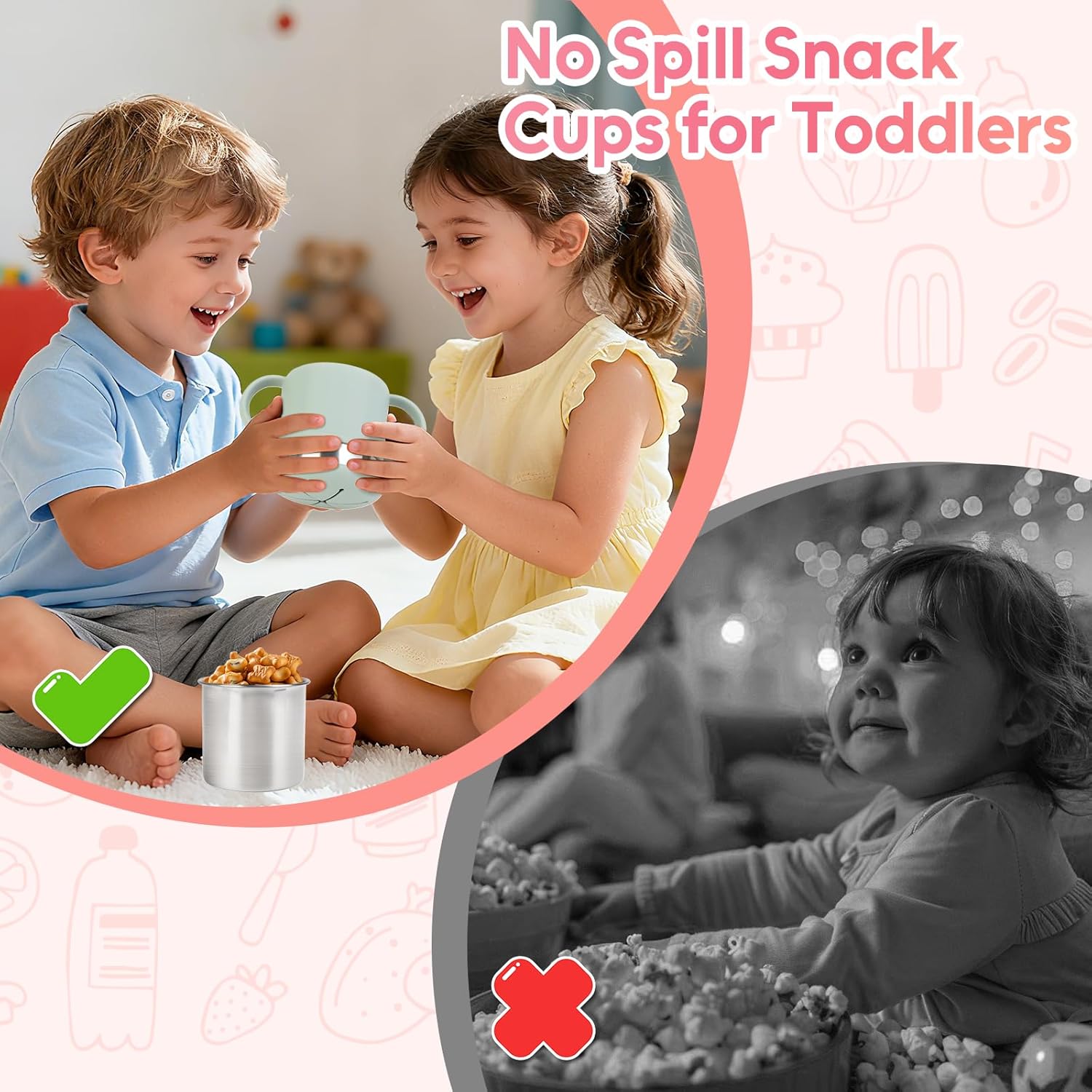 2 Pack Stainless Steel Snack Containers for Toddlers, Removable Silicone Food Catcher with Travel Handle Food Container for Kids On-the-Go, Snack Cups for Toddlers Dishwasher Safe, Green & Pink