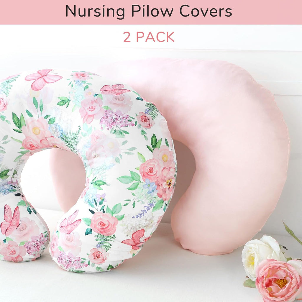 2 Pack Nursing Pillow Covers, Stretchy Removable Breastfeeding Pillow Covers for Baby Girl Newborn, Super Soft Fabric, Only Covers (Pink & Floral)