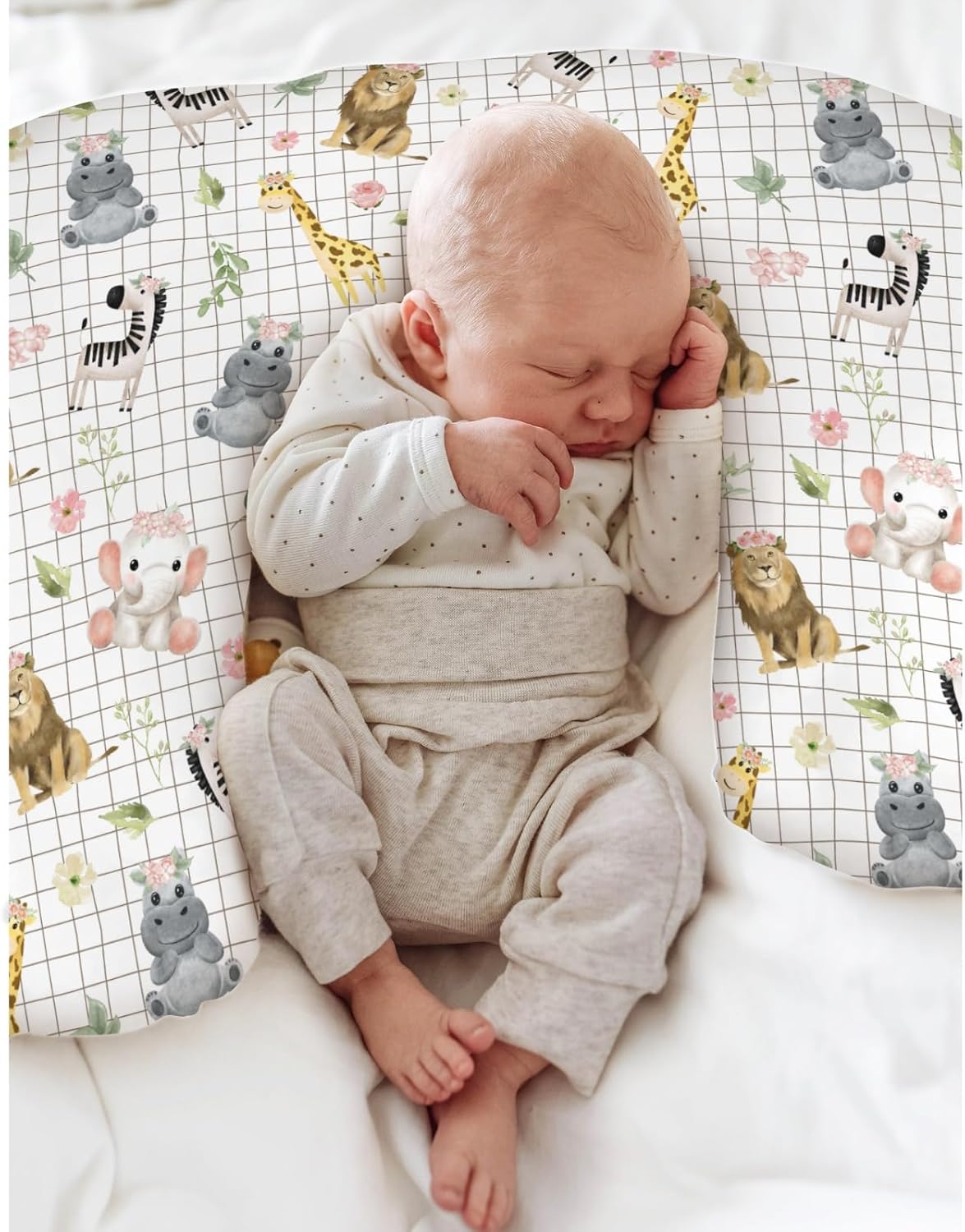 African Safari Animals Baby Nursing Pillow Covers for Boy Girl Elephant Lion Giraffe Hippo Tropical Flower Leaves Nursing Pillowcase for Breastfeeding Pillows Zoo Jungle Soft Stretchy Slipcovers