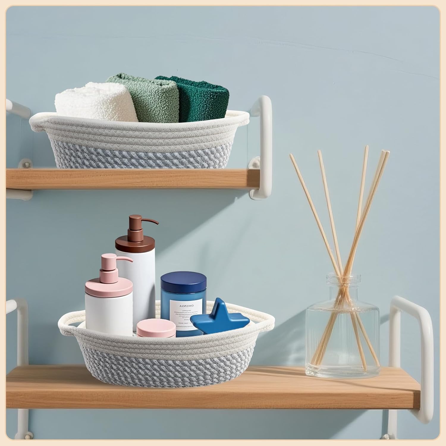 10 Pack Small Woven Basket with Gift Bags and Ribbons, Rectangle Storage Basket Set, Natural Cotton Rope Woven Baskets, Gift Basket for Baby Nursery, Toy Baskets, Bathroom Organization Bin