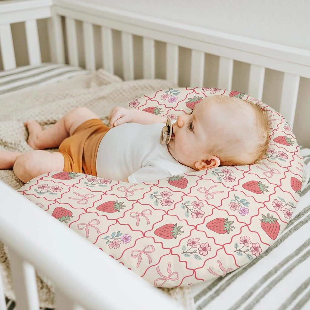 Boho Strawberry Flowers Baby Nursing Pillow Covers for Girl Strawberries Pink Bows Checkerboard Nursing Slipcovers for Breastfeeding Pillows Summer Fruit Soft Stretchy Cover for Newborn Infant