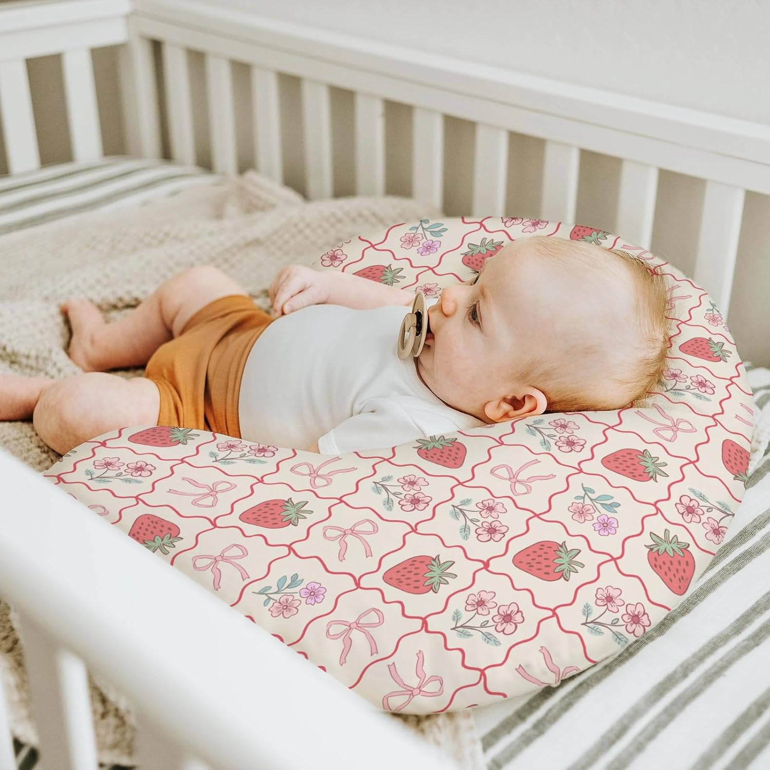 Boho Strawberry Flowers Baby Nursing Pillow Covers for Girl Strawberries Pink Bows Checkerboard Nursing Slipcovers for Breastfeeding Pillows Summer Fruit Soft Stretchy Cover for Newborn Infant