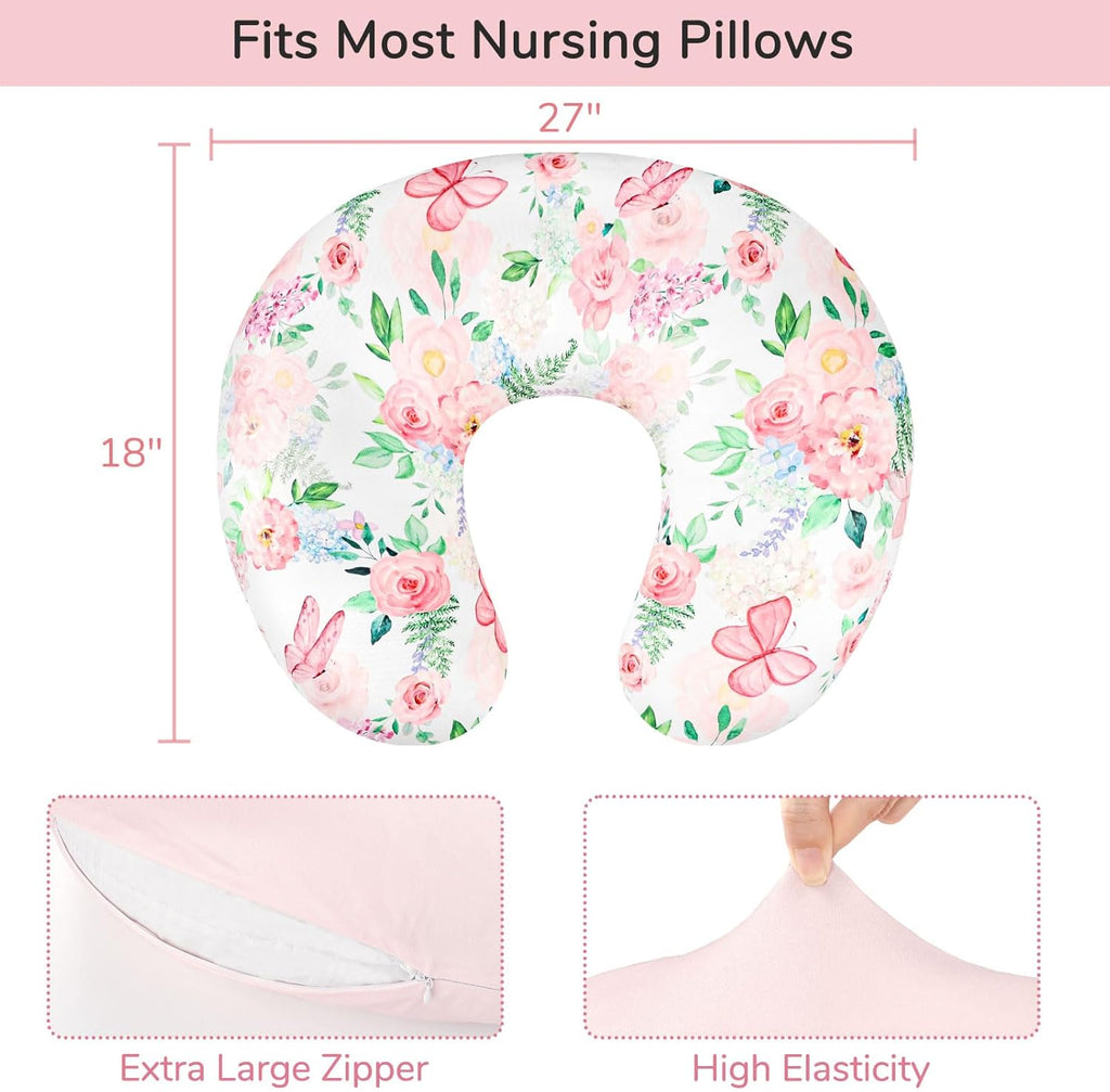 2 Pack Nursing Pillow Covers, Stretchy Removable Breastfeeding Pillow Covers for Baby Girl Newborn, Super Soft Fabric, Only Covers (Pink & Floral)