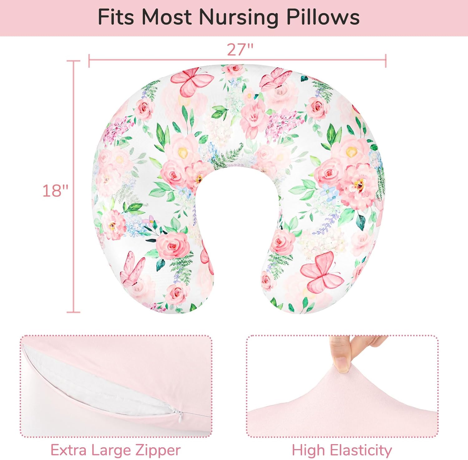 2 Pack Nursing Pillow Covers, Stretchy Removable Breastfeeding Pillow Covers for Baby Girl Newborn, Super Soft Fabric, Only Covers (Pink & Floral)