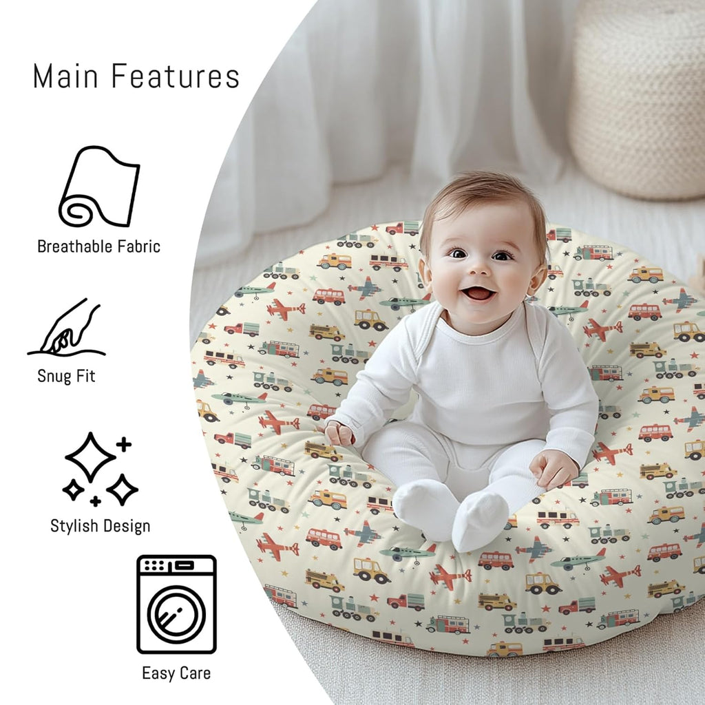 Cartoon Transportation Pattern Baby Lounger Cover, Unisex Plane Car Train Stars Removable Infant Newborn Snug Fit Floorseat Sleeping Lounger Slipcover for Boys Girls Lounger Pillow,Cover Only