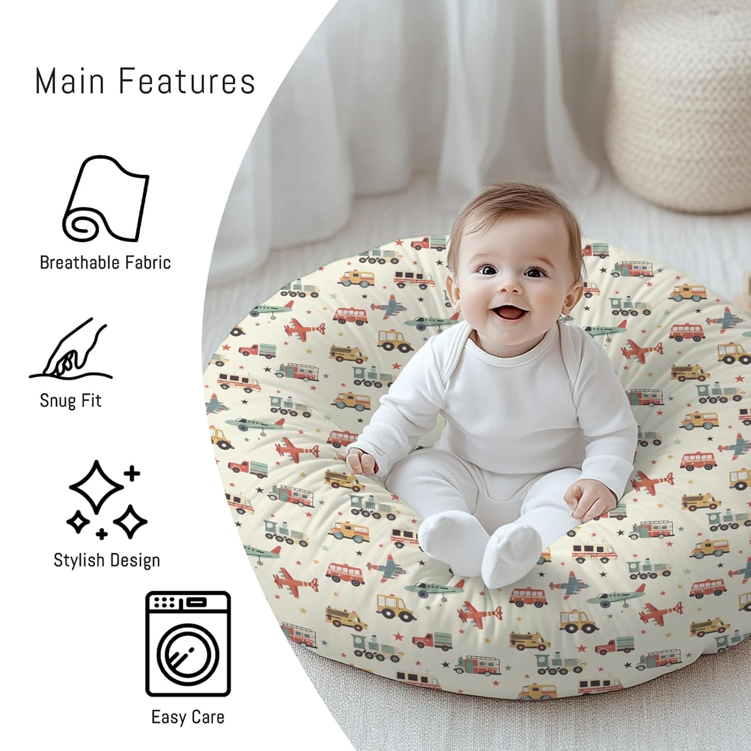 Cartoon Transportation Pattern Baby Lounger Cover, Unisex Plane Car Train Stars Removable Infant Newborn Snug Fit Floorseat Sleeping Lounger Slipcover for Boys Girls Lounger Pillow,Cover Only