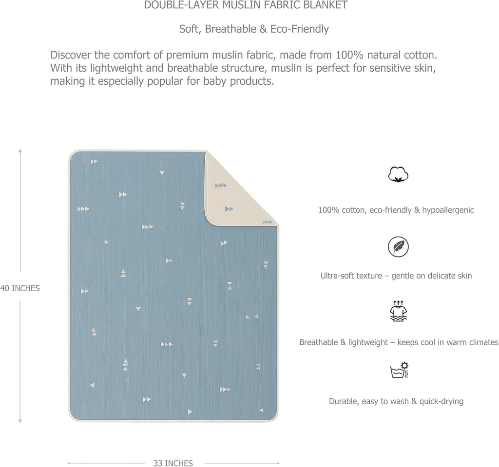 100% Organic Turkish Cotton Baby Blanket – Double Layer Muslin Swaddle & Receiving Blanket – Breathable 42"x34" for Newborn, Infant & Toddler – Machine Washable – Blue