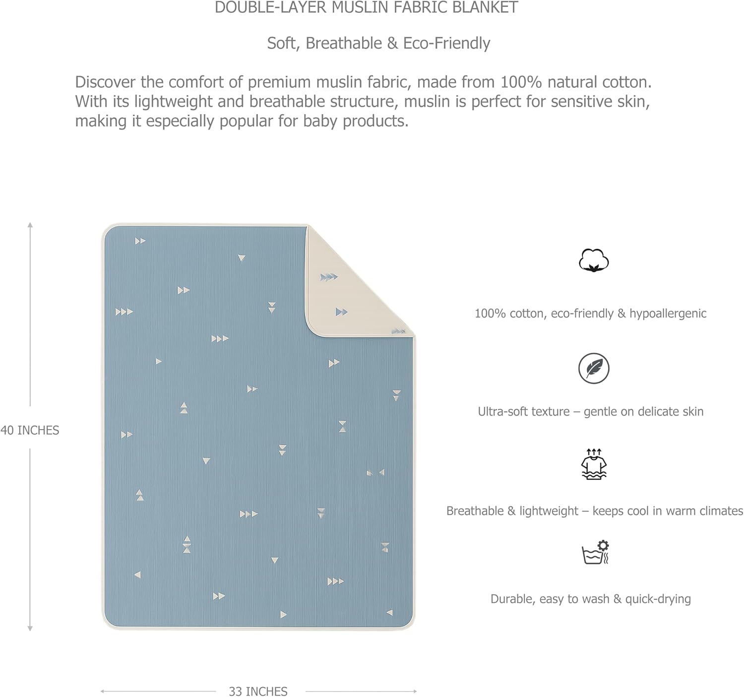 100% Organic Turkish Cotton Baby Blanket – Double Layer Muslin Swaddle & Receiving Blanket – Breathable 42"x34" for Newborn, Infant & Toddler – Machine Washable – Blue