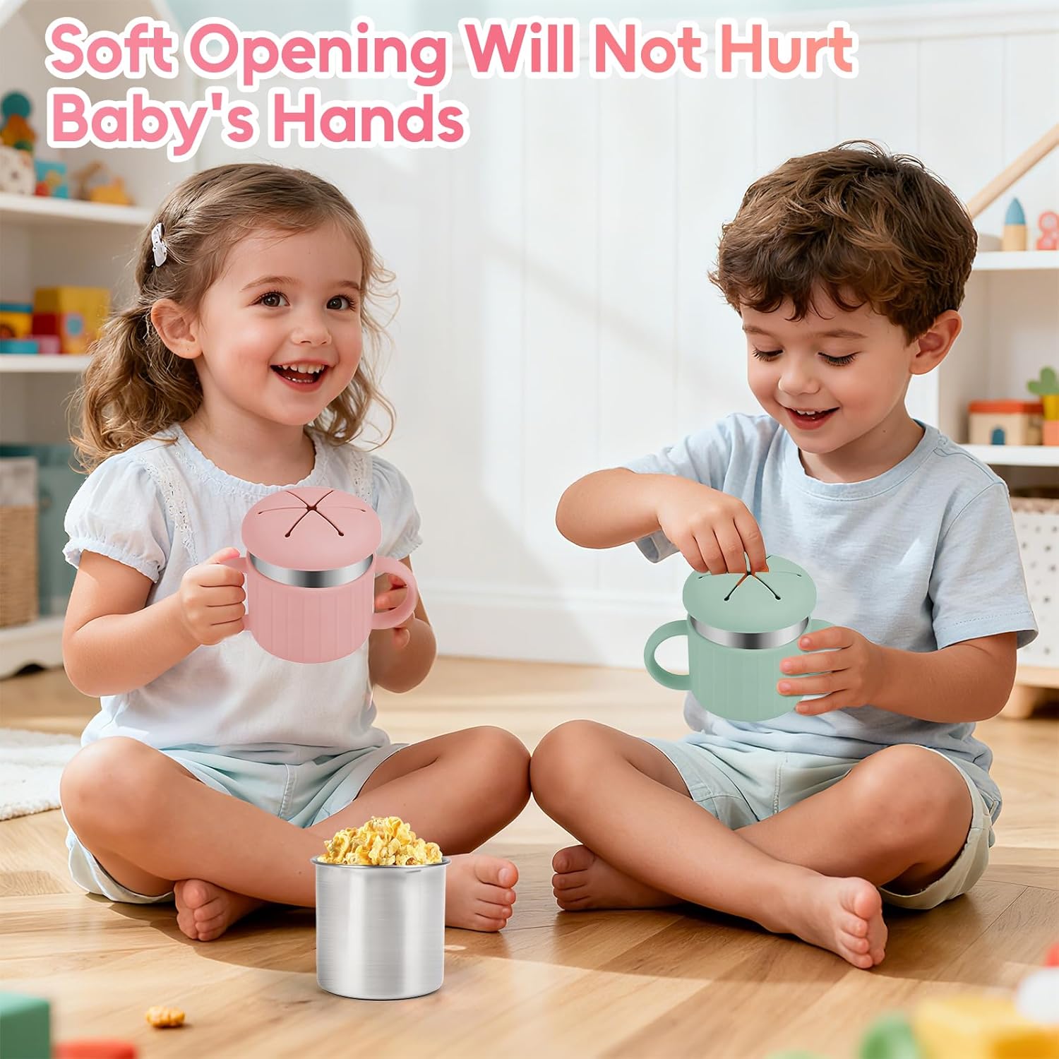 2 Pack Stainless Steel Snack Containers for Toddlers, Removable Silicone Food Catcher with Travel Handle Food Container for Kids On-the-Go, Snack Cups for Toddlers Dishwasher Safe, Green & Pink