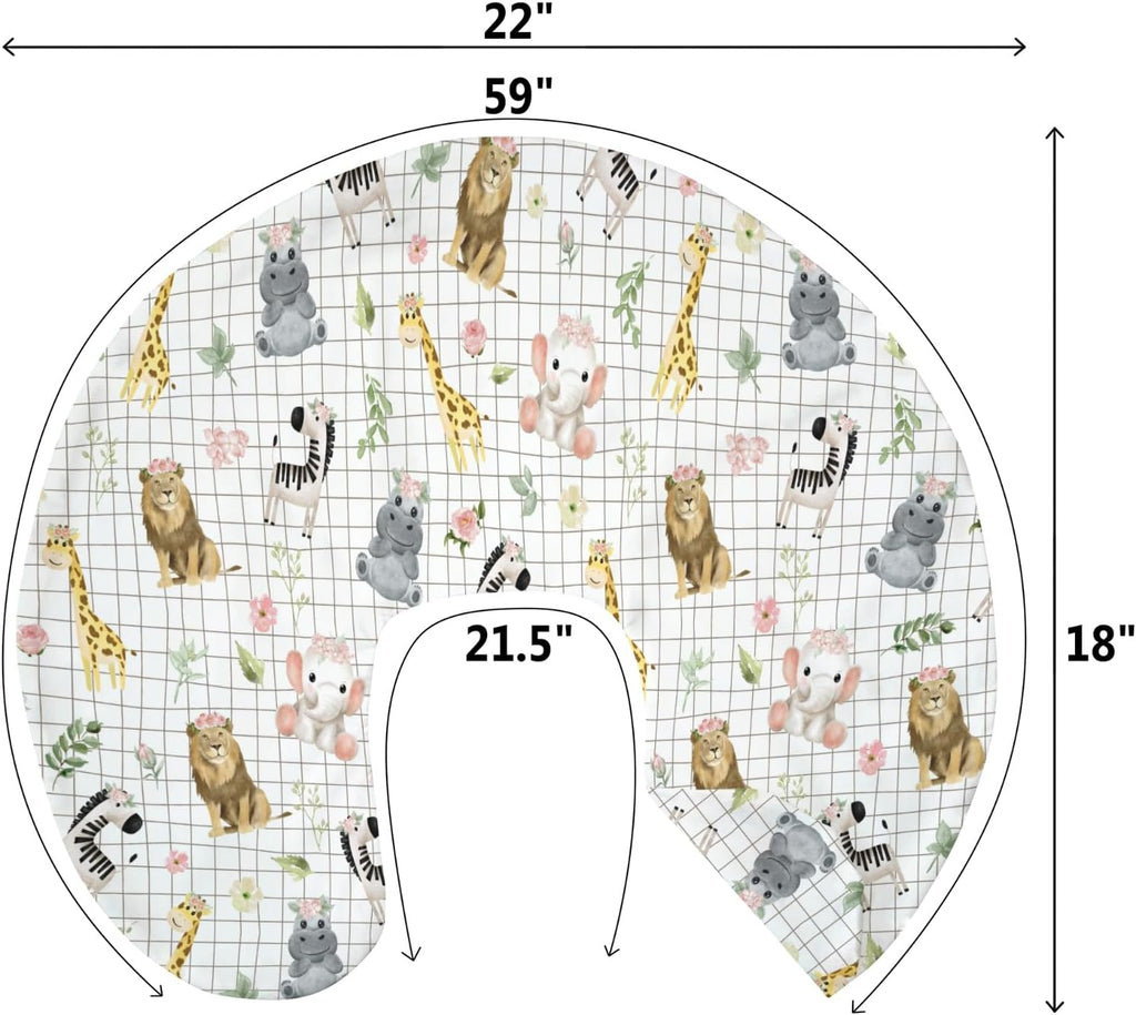 African Safari Animals Baby Nursing Pillow Covers for Boy Girl Elephant Lion Giraffe Hippo Tropical Flower Leaves Nursing Pillowcase for Breastfeeding Pillows Zoo Jungle Soft Stretchy Slipcovers