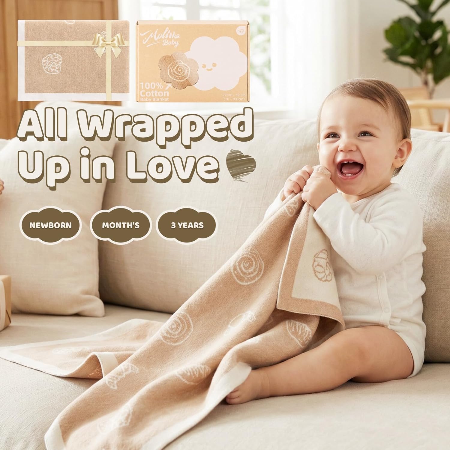 100% Cotton Baby Blanket Ultra Cozy Soft Newborn Swaddle for Boys and Girls, Gentle on Skin, Machine Washable Perfect Registry Essential Caramel Bread