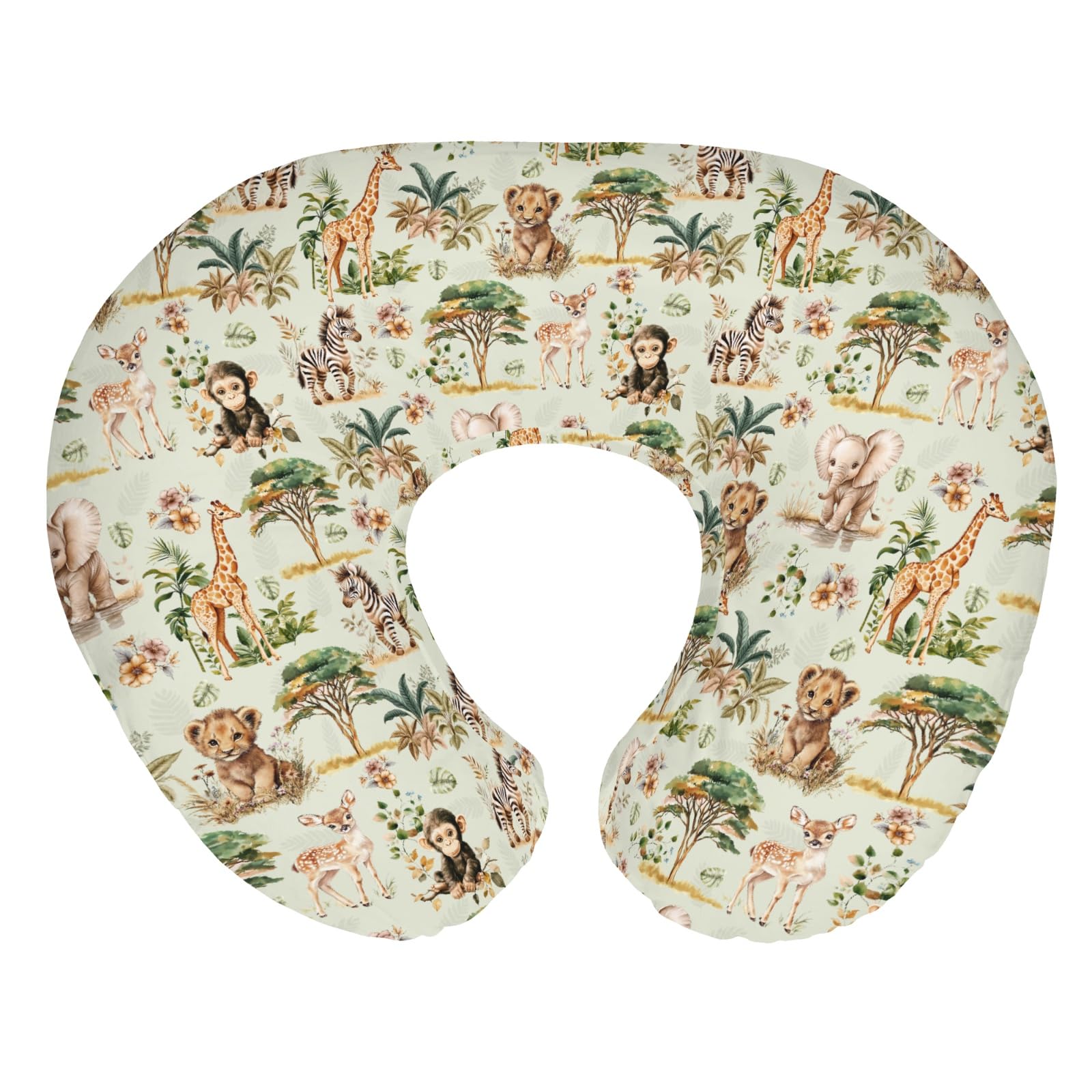 African Safari Animals Baby Nursing Pillow Covers for Boy Girl Elephant Lion Giraffe Hippo Tropical Flower Leaves Nursing Pillowcase for Breastfeeding Pillows Zoo Jungle Soft Stretchy Slipcovers