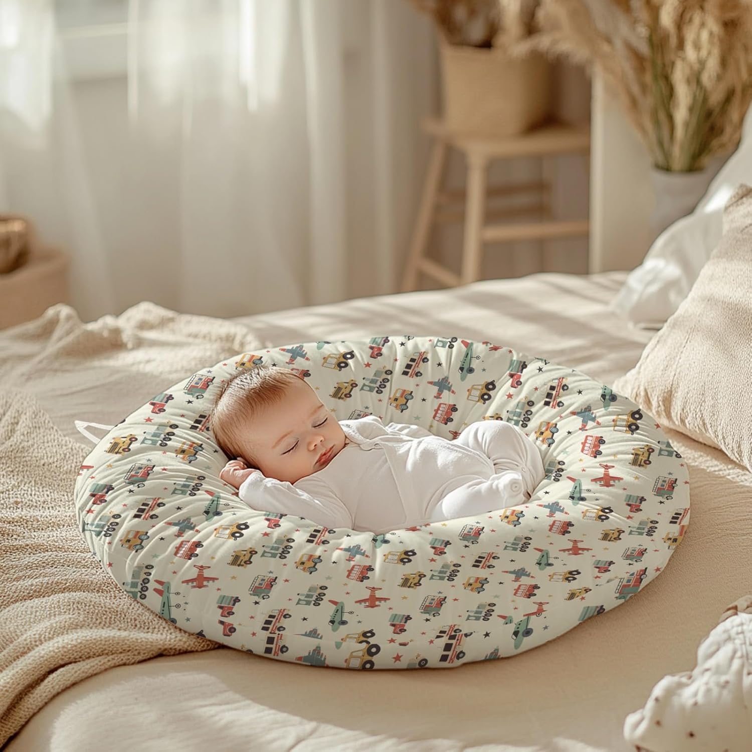 Cartoon Transportation Pattern Baby Lounger Cover, Unisex Plane Car Train Stars Removable Infant Newborn Snug Fit Floorseat Sleeping Lounger Slipcover for Boys Girls Lounger Pillow,Cover Only