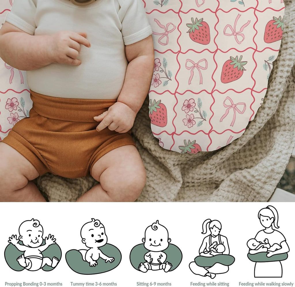 Boho Strawberry Flowers Baby Nursing Pillow Covers for Girl Strawberries Pink Bows Checkerboard Nursing Slipcovers for Breastfeeding Pillows Summer Fruit Soft Stretchy Cover for Newborn Infant
