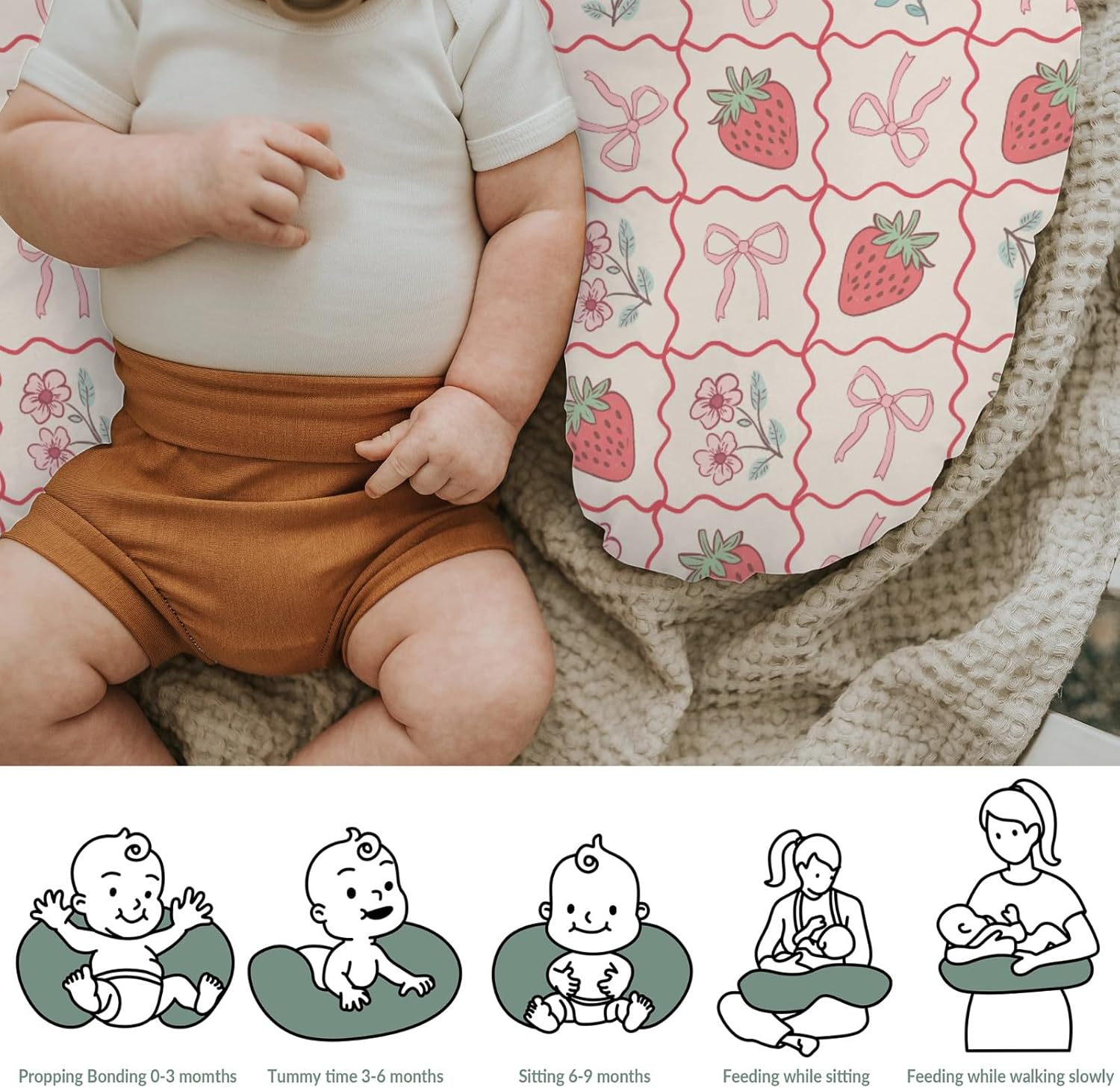 Boho Strawberry Flowers Baby Nursing Pillow Covers for Girl Strawberries Pink Bows Checkerboard Nursing Slipcovers for Breastfeeding Pillows Summer Fruit Soft Stretchy Cover for Newborn Infant
