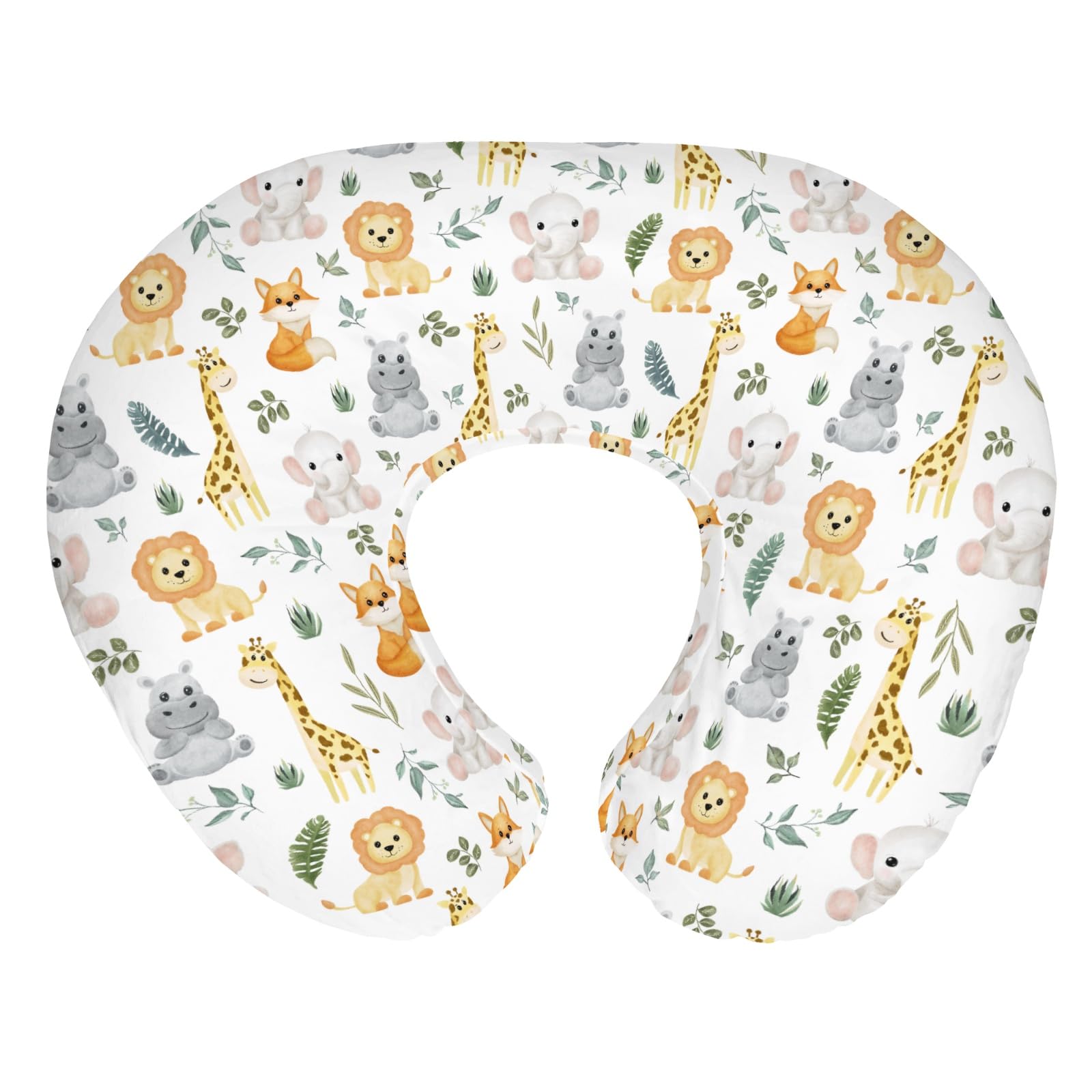 African Safari Animals Baby Nursing Pillow Covers for Boy Girl Elephant Lion Giraffe Hippo Tropical Flower Leaves Nursing Pillowcase for Breastfeeding Pillows Zoo Jungle Soft Stretchy Slipcovers