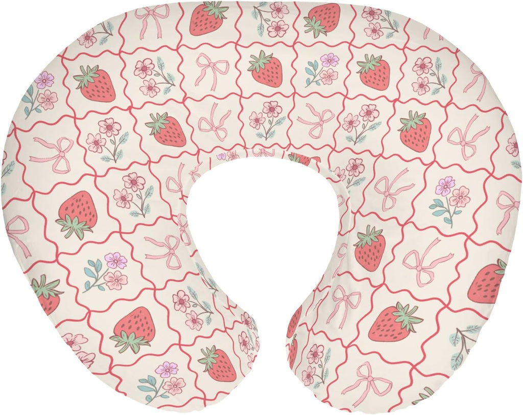 Boho Strawberry Flowers Baby Nursing Pillow Covers for Girl Strawberries Pink Bows Checkerboard Nursing Slipcovers for Breastfeeding Pillows Summer Fruit Soft Stretchy Cover for Newborn Infant