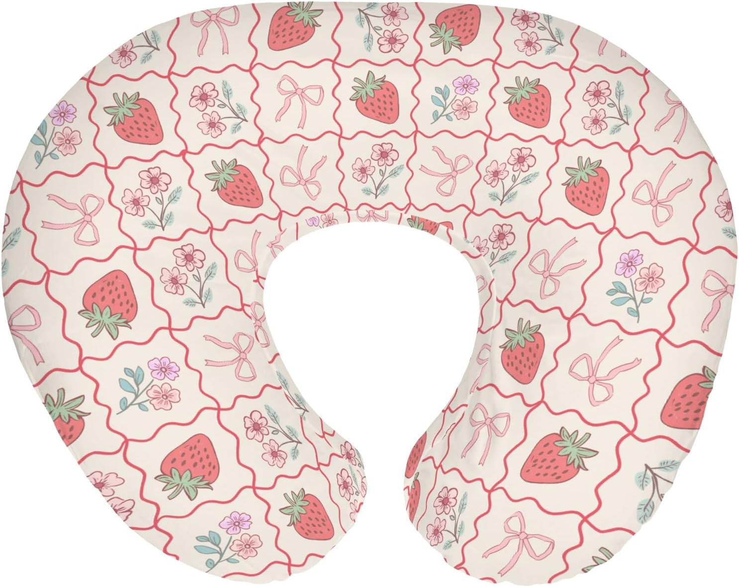 Boho Strawberry Flowers Baby Nursing Pillow Covers for Girl Strawberries Pink Bows Checkerboard Nursing Slipcovers for Breastfeeding Pillows Summer Fruit Soft Stretchy Cover for Newborn Infant