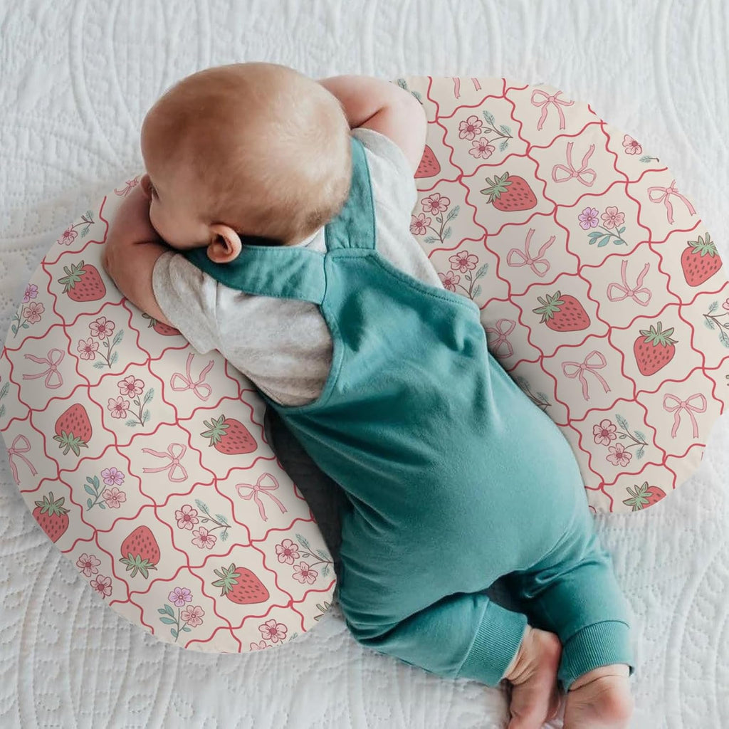 Boho Strawberry Flowers Baby Nursing Pillow Covers for Girl Strawberries Pink Bows Checkerboard Nursing Slipcovers for Breastfeeding Pillows Summer Fruit Soft Stretchy Cover for Newborn Infant