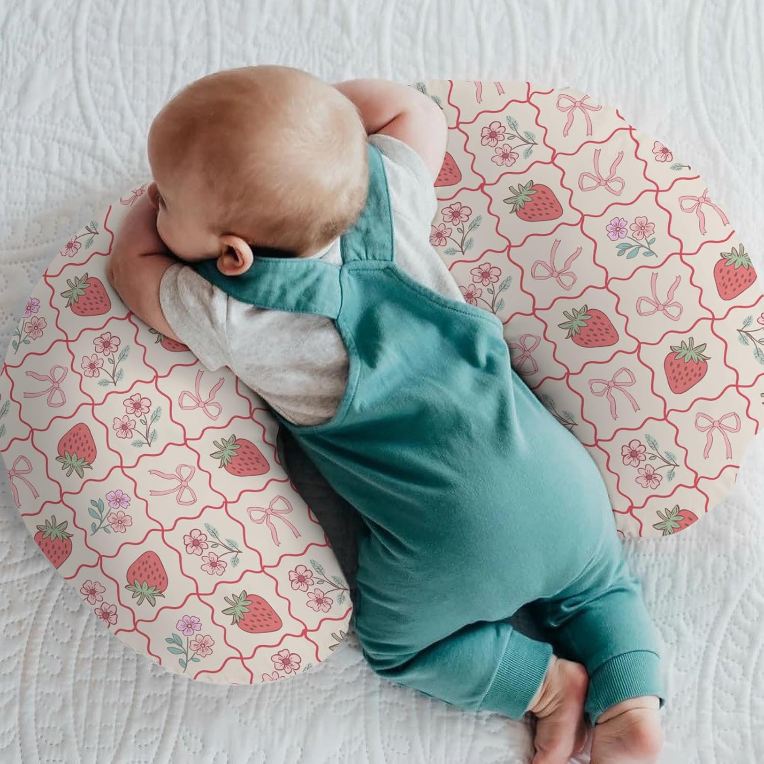 Boho Strawberry Flowers Baby Nursing Pillow Covers for Girl Strawberries Pink Bows Checkerboard Nursing Slipcovers for Breastfeeding Pillows Summer Fruit Soft Stretchy Cover for Newborn Infant