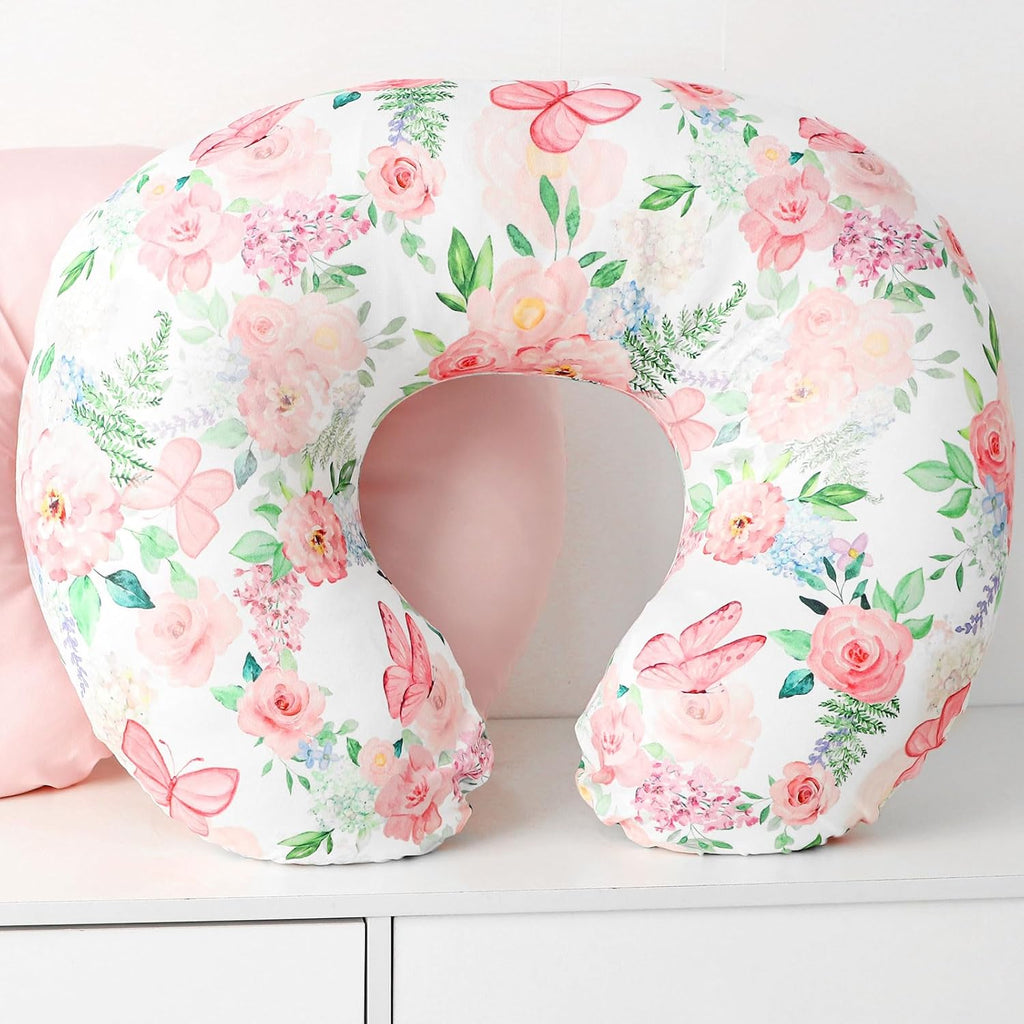 2 Pack Nursing Pillow Covers, Stretchy Removable Breastfeeding Pillow Covers for Baby Girl Newborn, Super Soft Fabric, Only Covers (Pink & Floral)