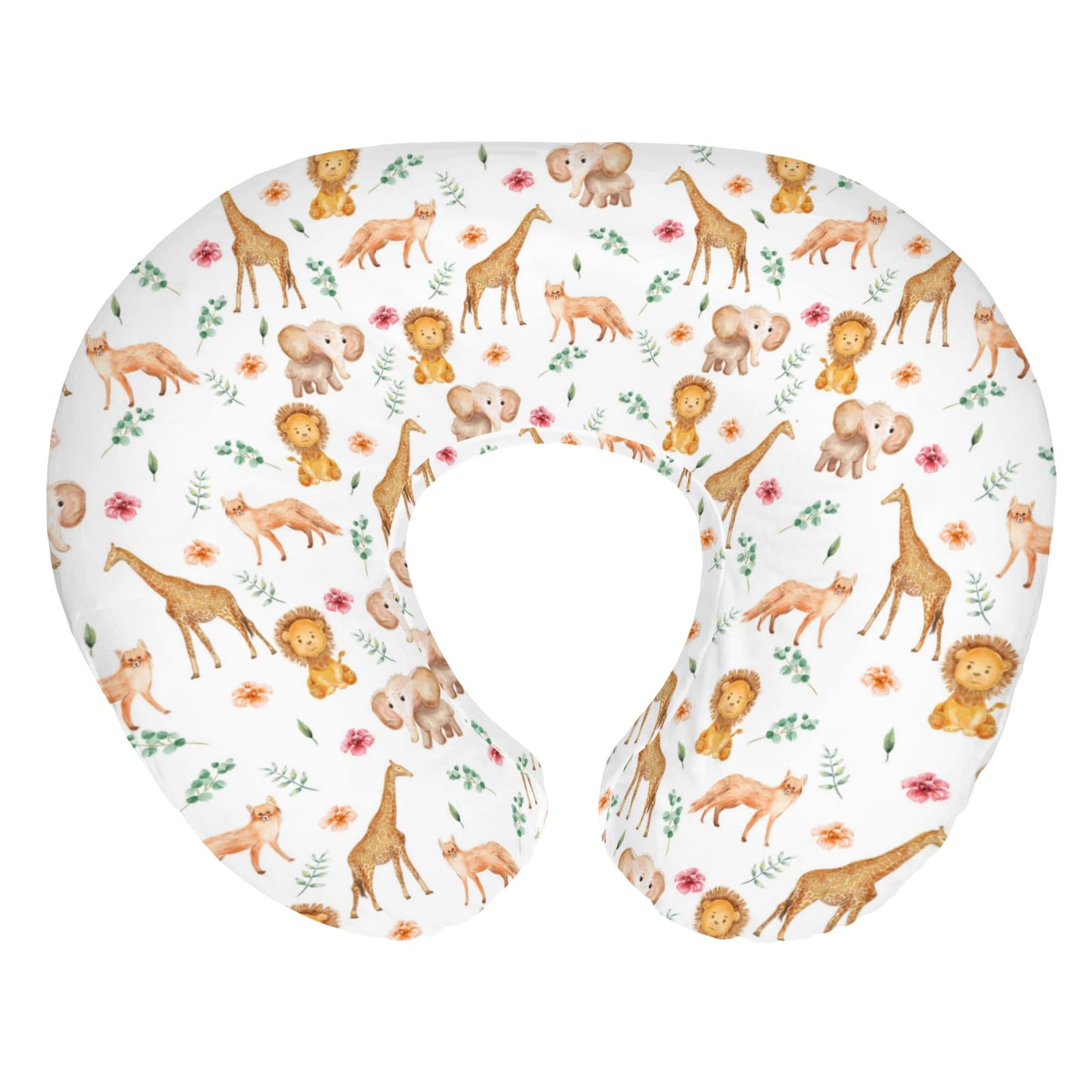 African Safari Animals Baby Nursing Pillow Covers for Boy Girl Elephant Lion Giraffe Hippo Tropical Flower Leaves Nursing Pillowcase for Breastfeeding Pillows Zoo Jungle Soft Stretchy Slipcovers