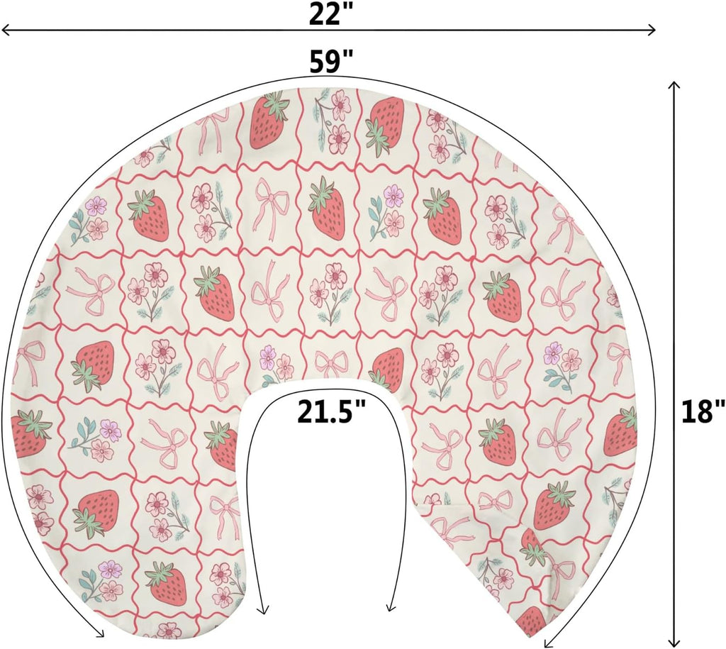 Boho Strawberry Flowers Baby Nursing Pillow Covers for Girl Strawberries Pink Bows Checkerboard Nursing Slipcovers for Breastfeeding Pillows Summer Fruit Soft Stretchy Cover for Newborn Infant