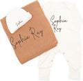 100% Organic Baby Gift Set | Embroidered 100% Cotton Custom Baby Blanket, Rompers and Beanie Set | Personalized Name Baby Shower Gifts