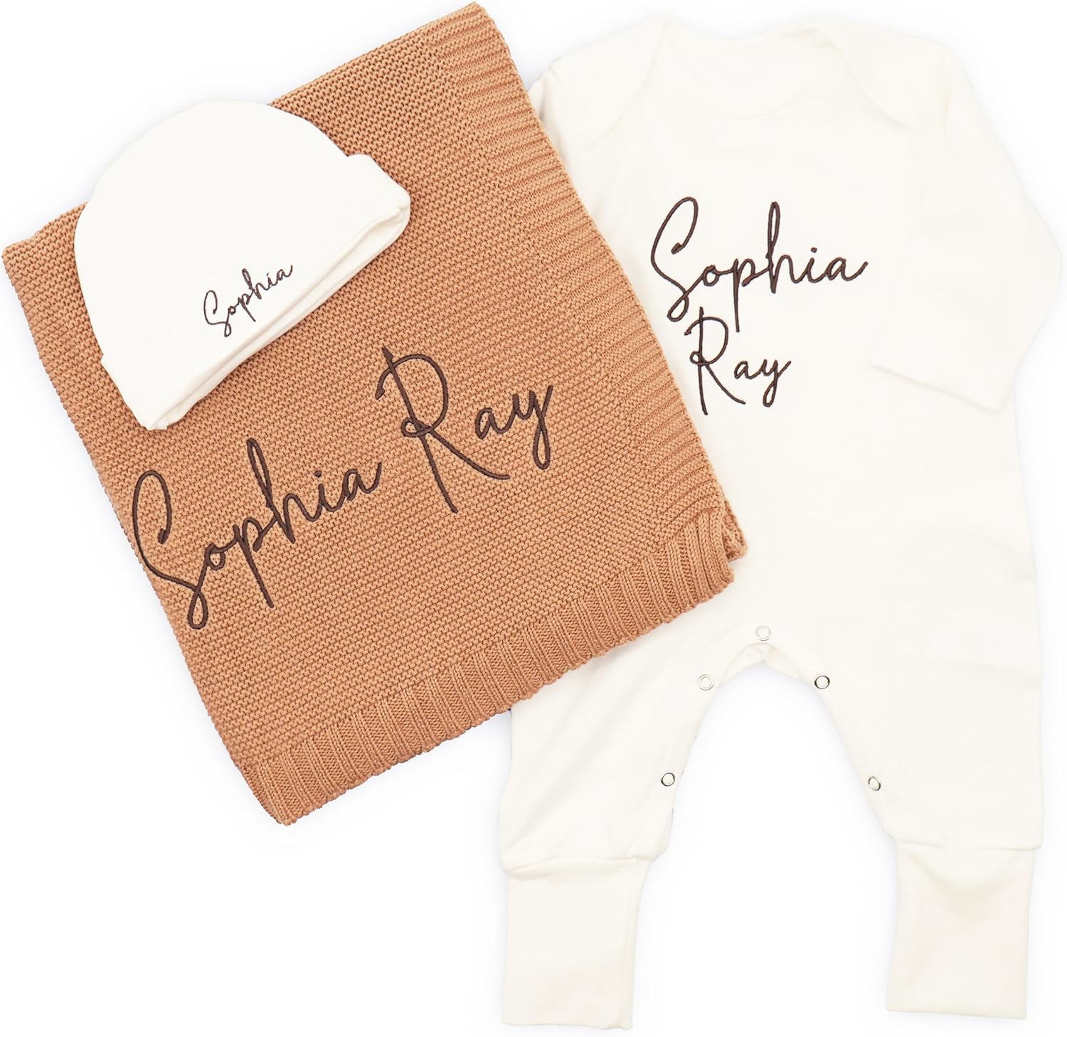 100% Organic Baby Gift Set | Embroidered 100% Cotton Custom Baby Blanket, Rompers and Beanie Set | Personalized Name Baby Shower Gifts