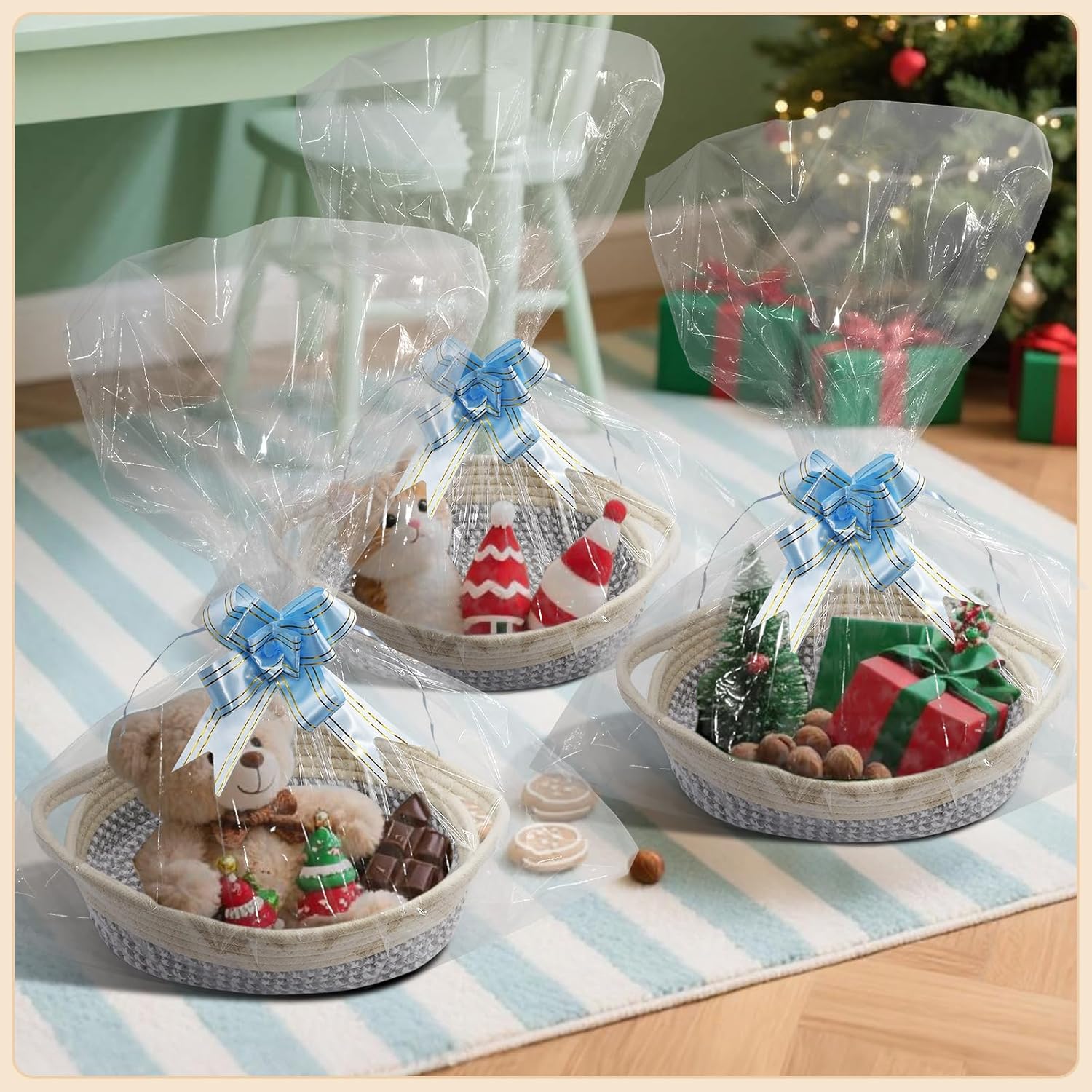 10 Pack Small Woven Basket with Gift Bags and Ribbons, Rectangle Storage Basket Set, Natural Cotton Rope Woven Baskets, Gift Basket for Baby Nursery, Toy Baskets, Bathroom Organization Bin