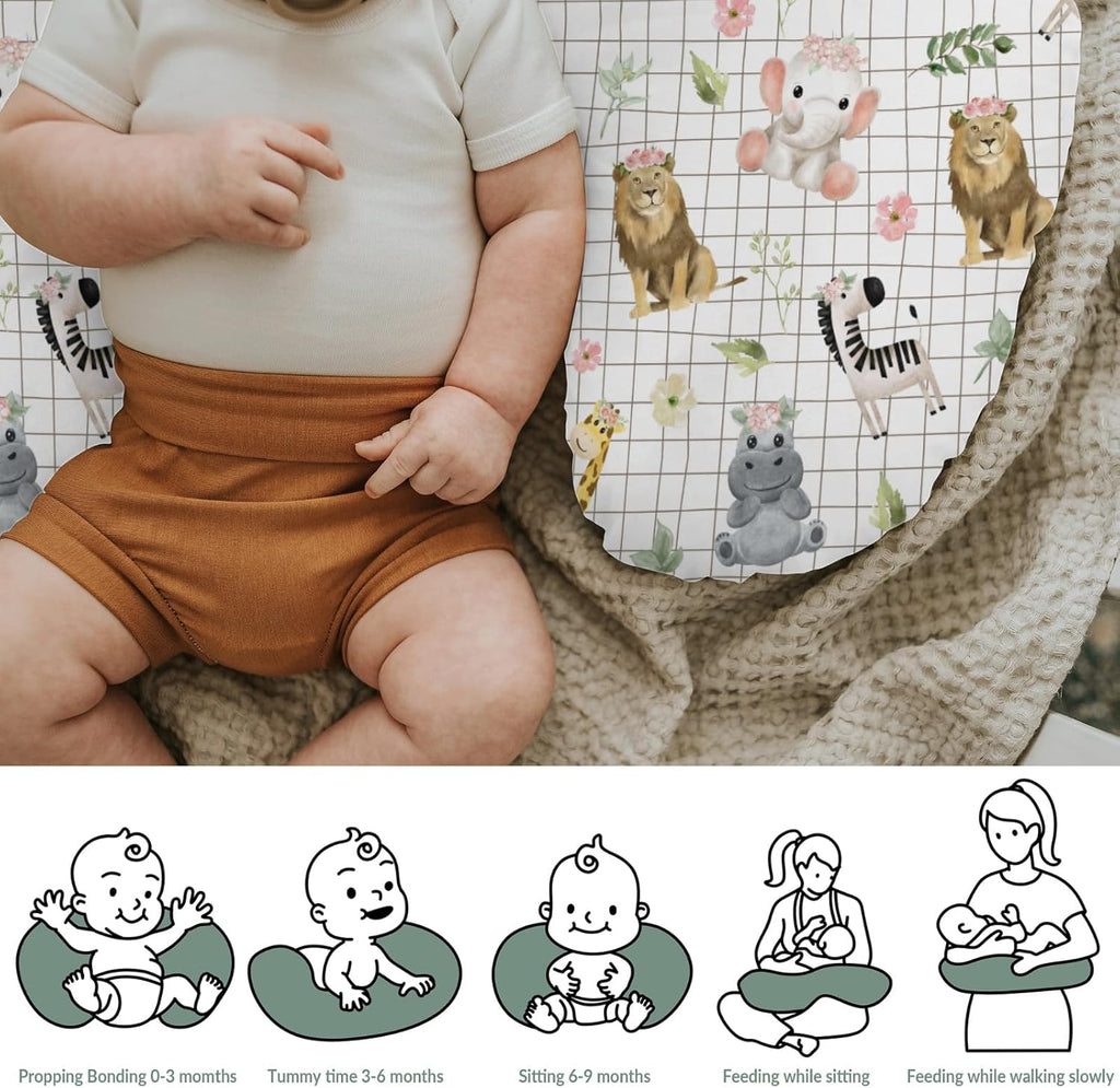 African Safari Animals Baby Nursing Pillow Covers for Boy Girl Elephant Lion Giraffe Hippo Tropical Flower Leaves Nursing Pillowcase for Breastfeeding Pillows Zoo Jungle Soft Stretchy Slipcovers