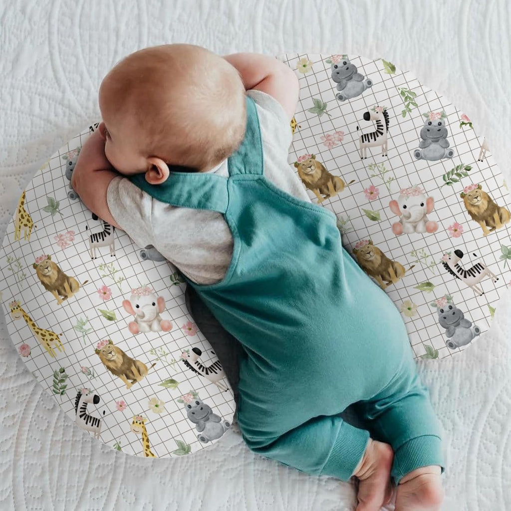 African Safari Animals Baby Nursing Pillow Covers for Boy Girl Elephant Lion Giraffe Hippo Tropical Flower Leaves Nursing Pillowcase for Breastfeeding Pillows Zoo Jungle Soft Stretchy Slipcovers